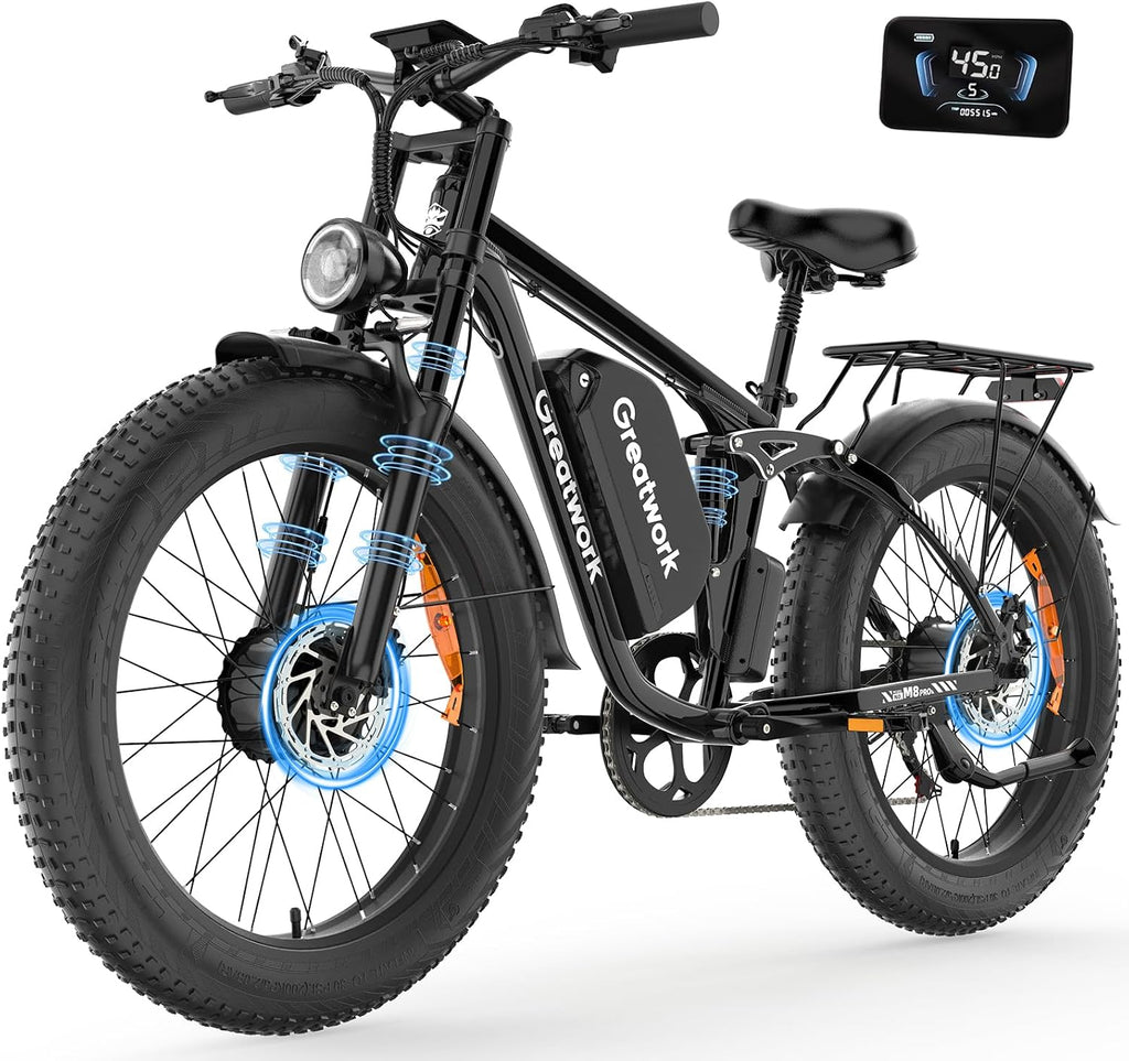 GREATWORK 52V 5000W Peak Dual Motor Electric Bike for Adults, 1300Wh Battery, Up to 45MPH & 100 Miles Range, 26' x 4.0 Fat Tire Electric Dirt Bike with Suspension, Mountain E-Bike for Men Women
