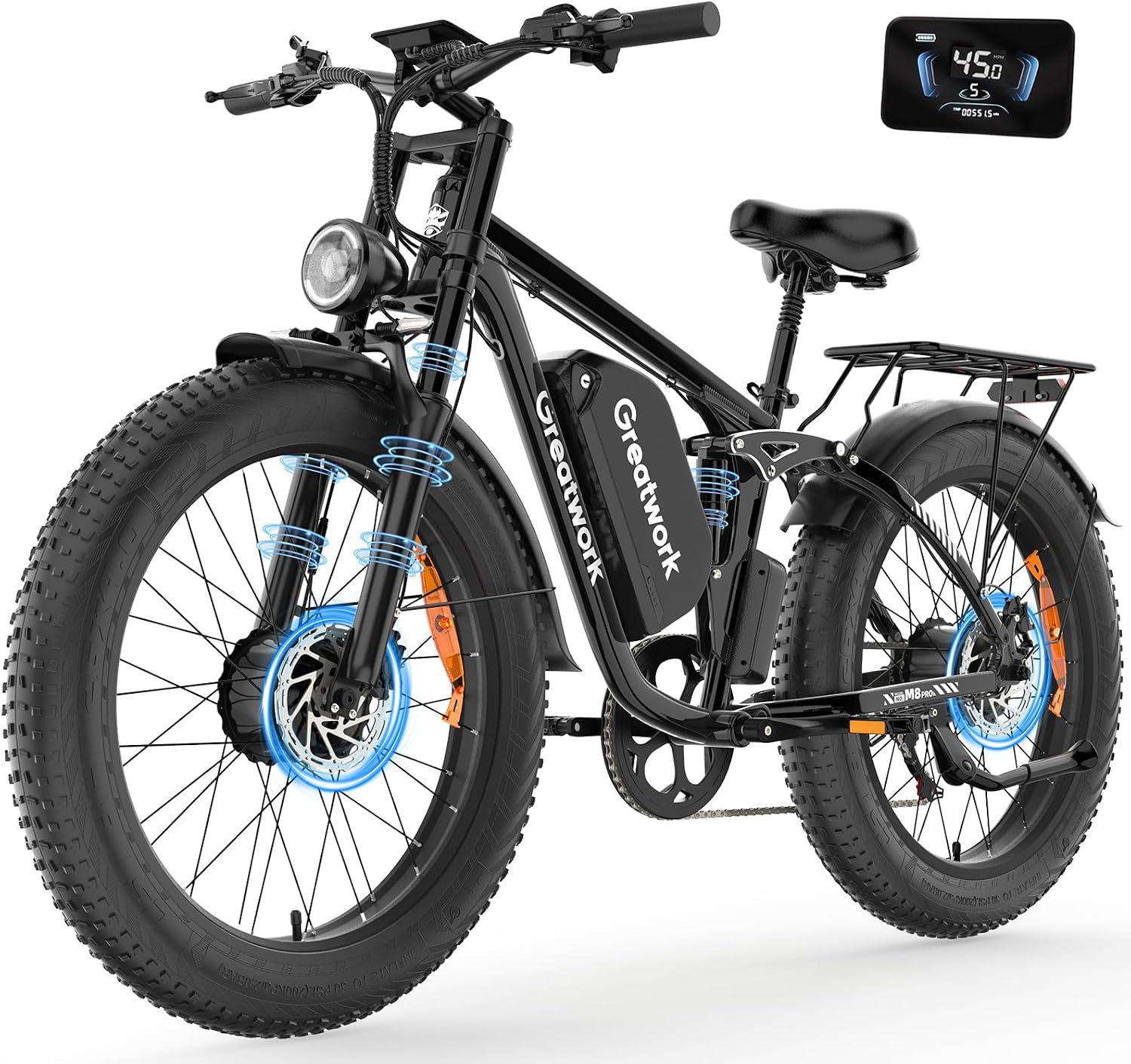 GREATWORK 52V 5000W Peak Dual Motor Electric Bike for Adults, 1300Wh Battery, Up to 45MPH & 100 Miles Range, 26' x 4.0 Fat Tire Electric Dirt Bike with Suspension, Mountain E-Bike for Men Women