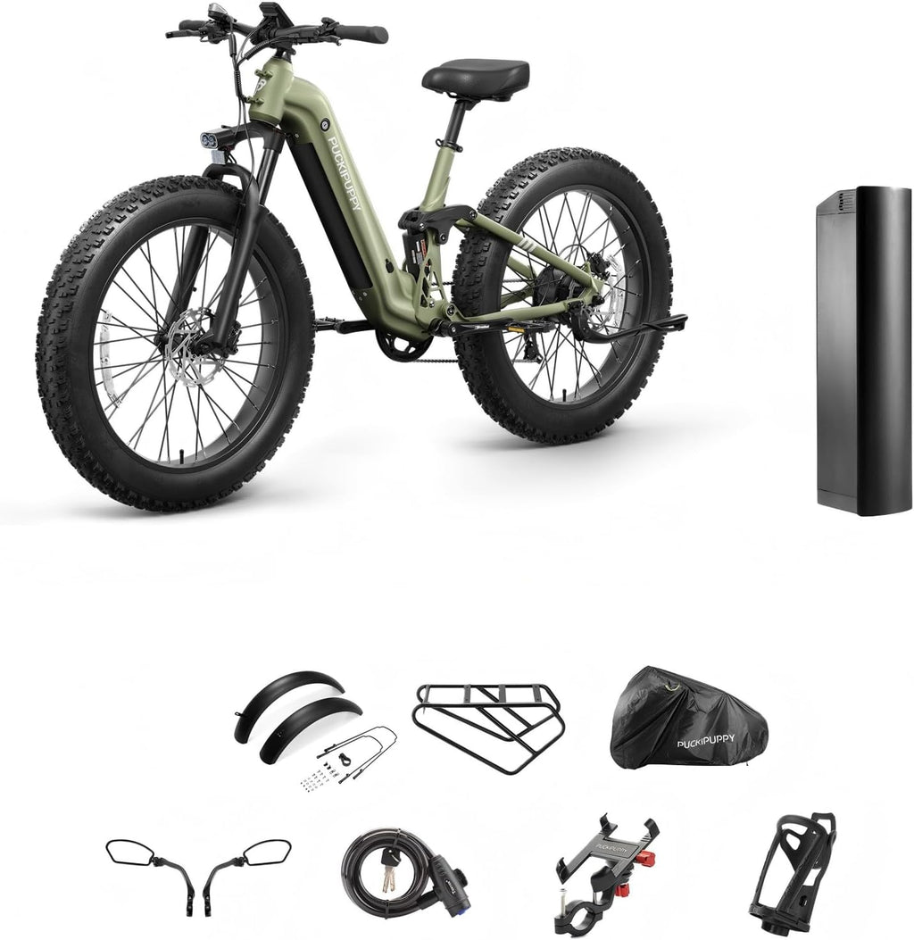 PUCKIPUPPY Battery+Electric Bike for Adults 960W(Peak), 48V 20AH Battery Adult Electric Bicycles, 26' Fat Tire Full Suspension Step-Thru Ebike, 28MPH Mountain Ebike, 7 Speed, 80Miles Range
