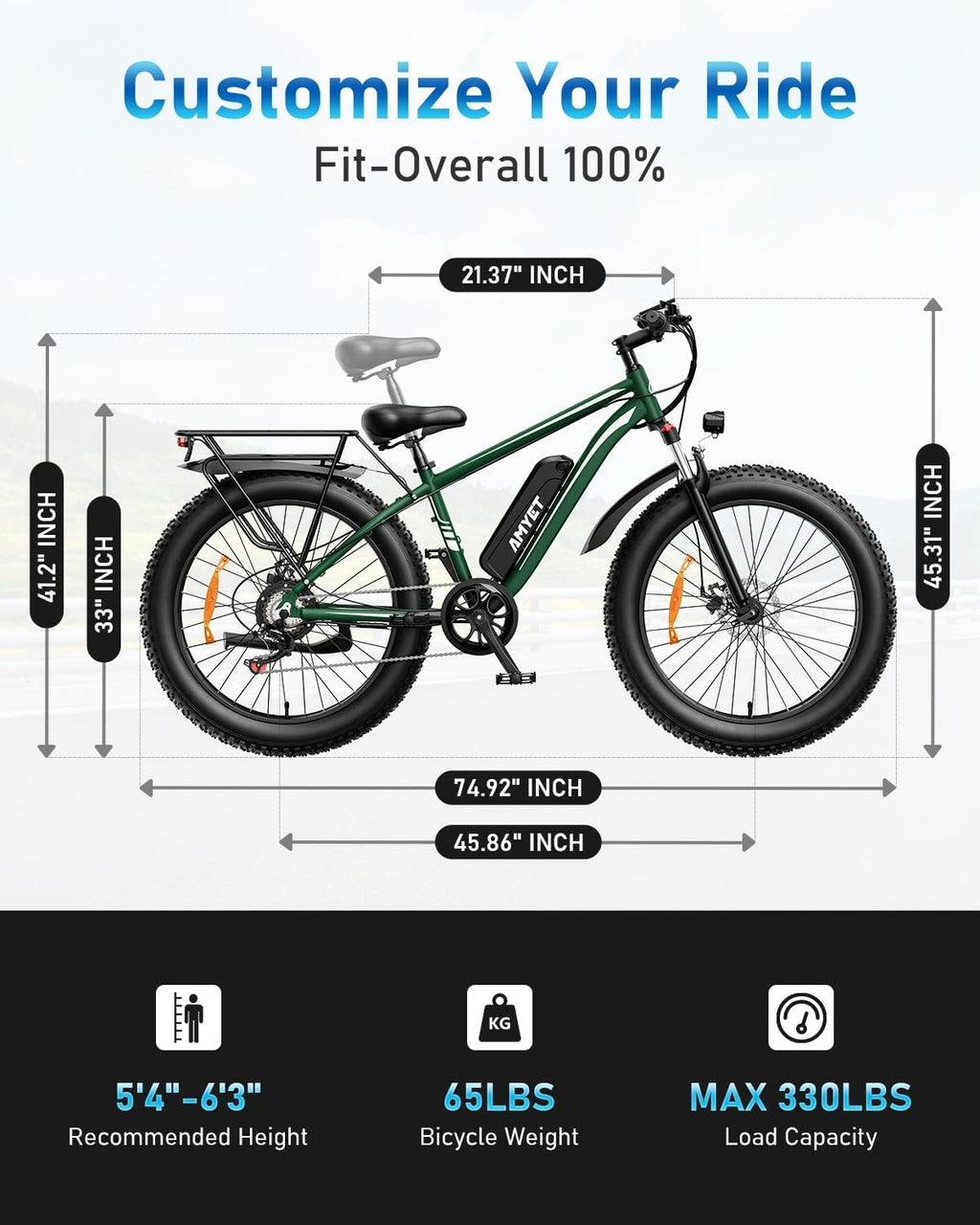 AMYET EB26 Electric Bike for Adults Peak 1500W Electric Bicycle 48V 15AH (720WH) Battery Electric Bike 26' Fat Tire Mountain 28mph 7 Speed Gears Ebike with UL 2849 Certified