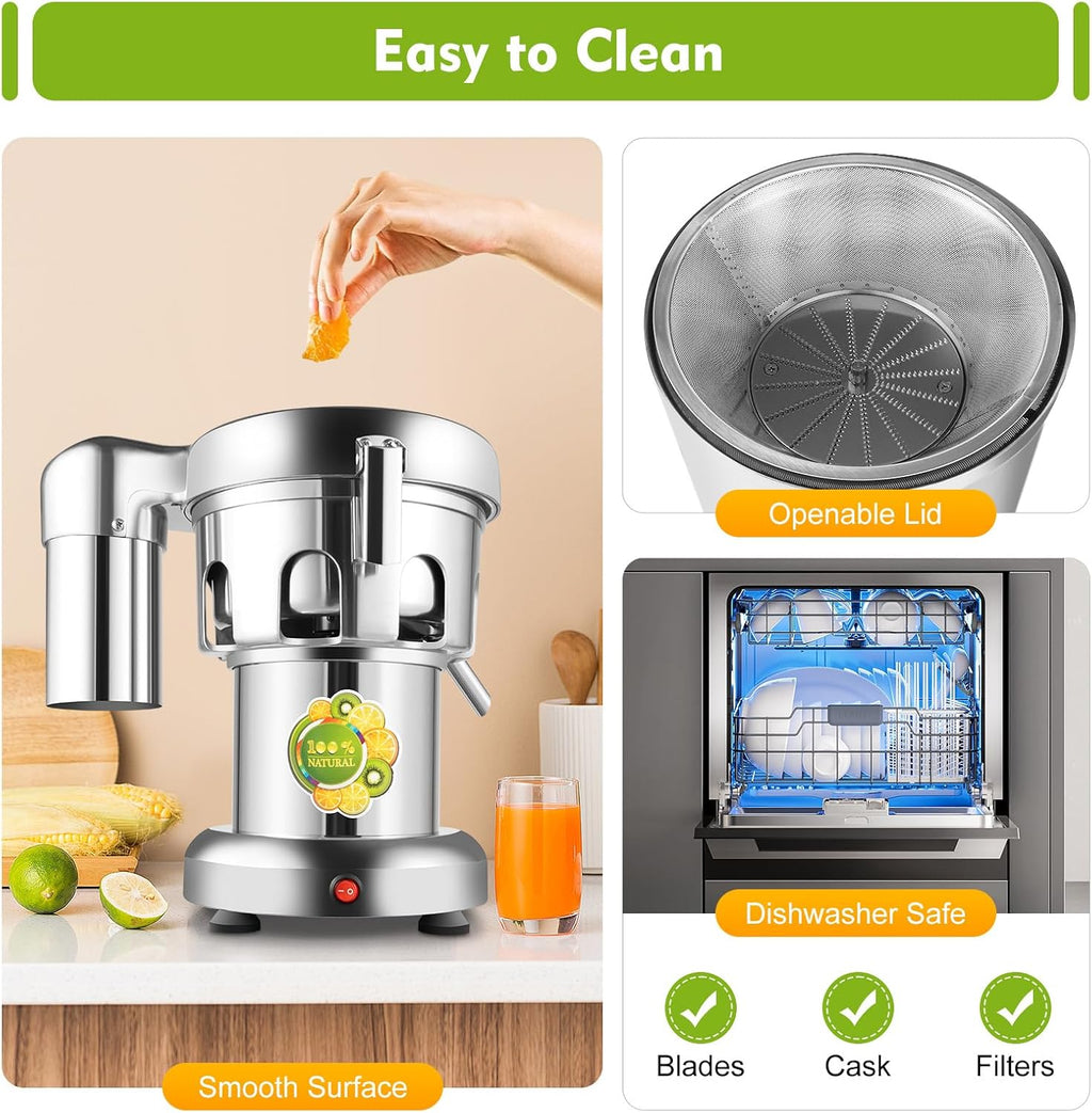 Automatic Pulp Separation Juicer, Stainless Steel Juice Extractor with 2800 RPM, 370W Electric Juicer with Deep Feed Chute and Low Noise Design for Family & Restaurant
