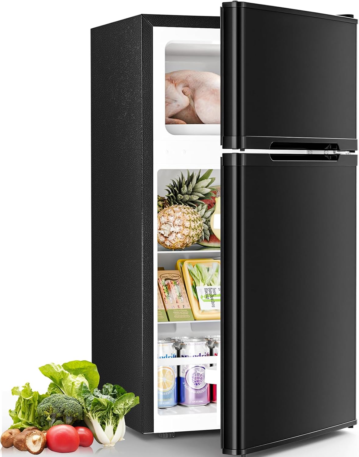 Antarctic Star Mini Fridge with Freezer, Double Door Compact Refrigerator, Adjustable Thermostat, Small Fridge for Bedroom Office Dorm Apartment,2.45 Cu.Ft,Black