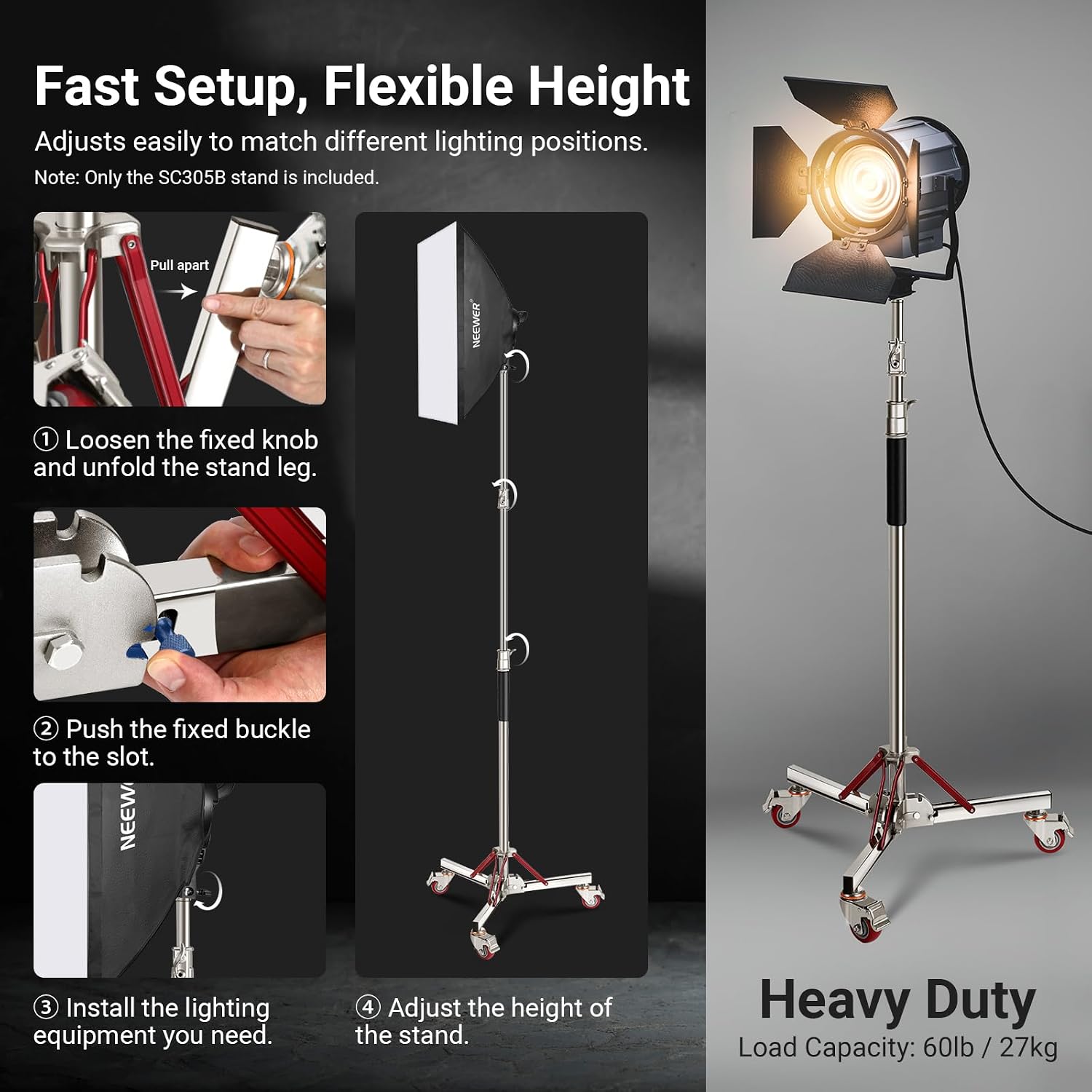 NEEWER Basics 4.3-10ft Photography Light Stand with Casters, 100% Stainless Steel Heavy Duty Tripod Stand for Strobe LED Video Ring Light Monolight Softbox Reflector, 66lb Max Load, SC305B