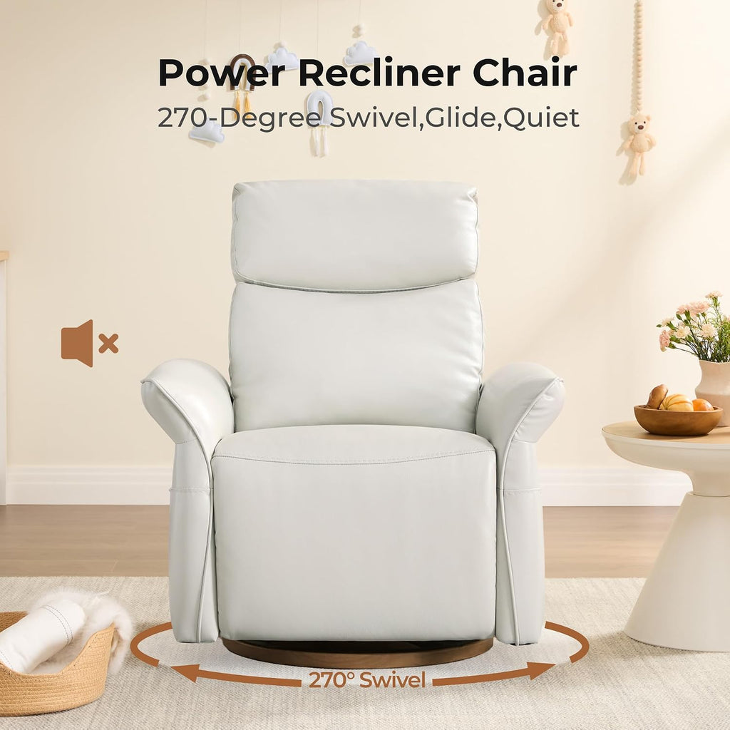 CHITA Genuine Leather Power Recliner Chair, Electric Triple-Motor Swivel Glider Nursery Rocking Chair with Adjustable Power Headrest and Lumbar Support, GREENGARD Gold Certified, Creamy Grey