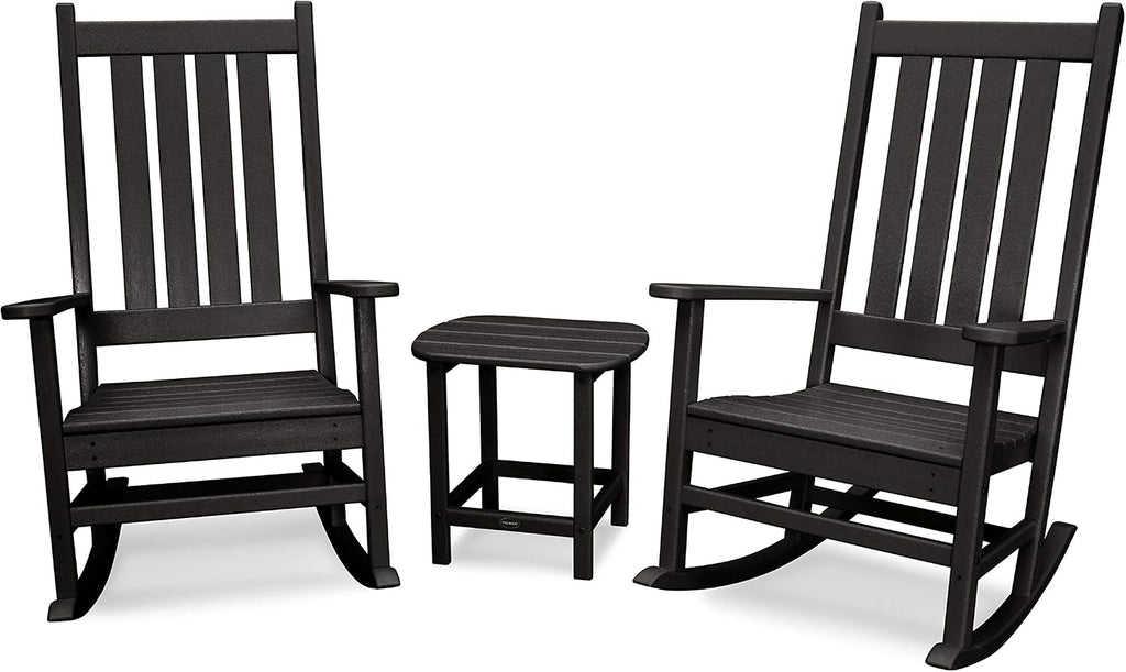 POLYWOOD Vineyard 3-Piece Outdoor Rocking Chair Set with Side Table - Classic Porch Rockers for Patio, Deck & Garden - Fade-Resistant Black HDPE - Traditional American Style Furniture