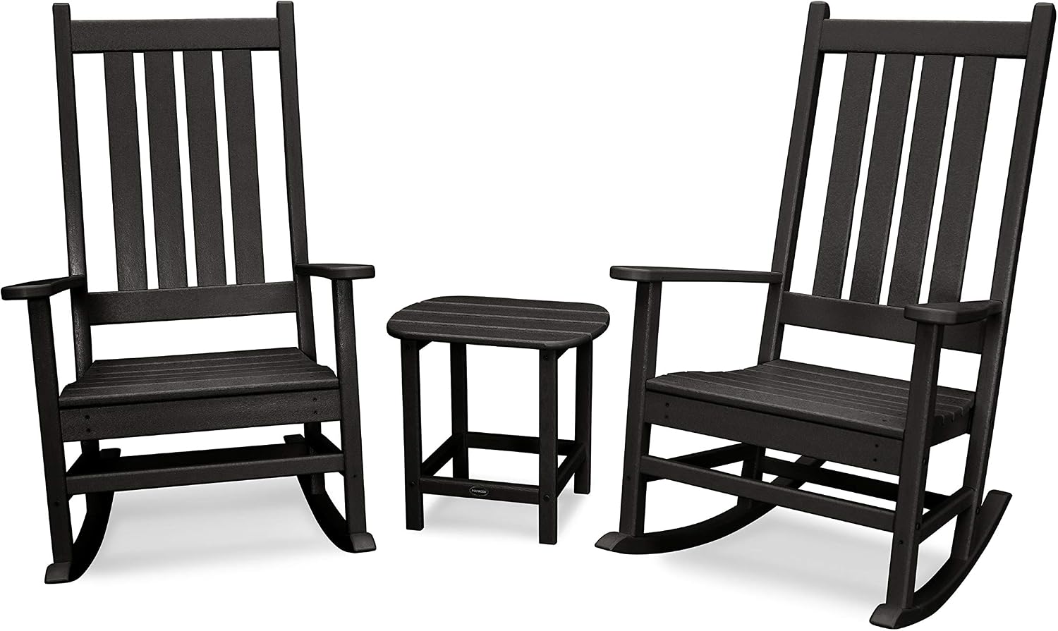 POLYWOOD Vineyard 3-Piece Outdoor Rocking Chair Set with Side Table - Classic Porch Rockers for Patio, Deck & Garden - Fade-Resistant Black HDPE - Traditional American Style Furniture