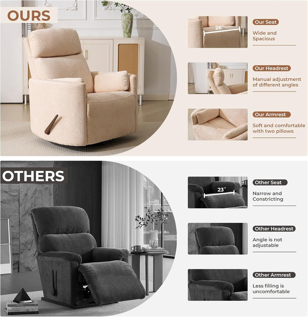 Oversized Swivel Rocker Recliner with Massage and Heat, Swivel Nursery Recliner With Adjustable Headrest, Manual Rocker Recliner Chair with Two Removable Pillows, High Back Barrel Armchair, Beige