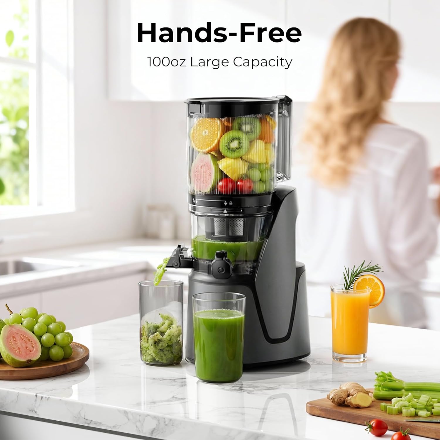 EanOruus Juicer Machines, 3-in-1 Cold Press Juicer with 6.5' Extra Large Chute, 100oz Large Capacity, AC Motor, Makes Juice, Nut Milk & Sorbet, Premium Gray