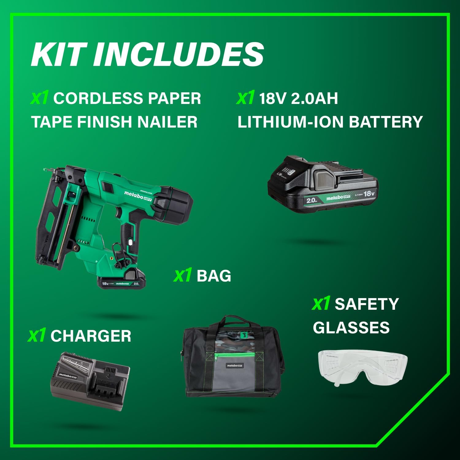 Metabo HPT 18V MultiVolt Brushless Pro 16-GA Straight Finish Nailer Kit, 16 Gauge Finish Nailer, Power Tool with 2.0Ah Lithium Ion Battery, 1' to 2-1/2' Nails, Powerful Brushless Motor, NT1865DSA