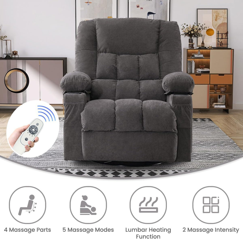 BOSMILLER Oversized Recliner Chair for Adults with Vibration Massage and Lumbar Heating Swivel Rocker Recliner with Cup Holder and USB Charge Port for Living Room