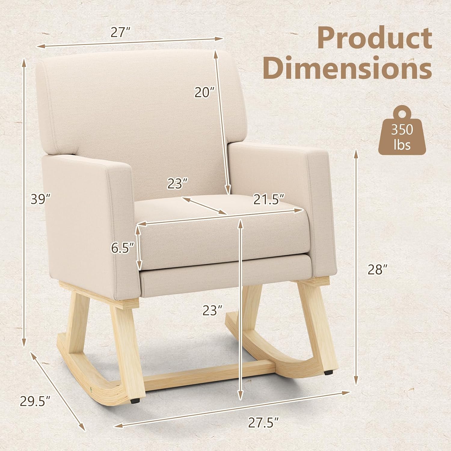 Giantex Upholstered Rocking Chair, Nursery Rocking Chair w/Widened Back, Machine-Washable Seat Cushion Cover, Solid Rubber Wood Frame, Glider Rocker Accent Chair for Living Room, Bedroom, Beige