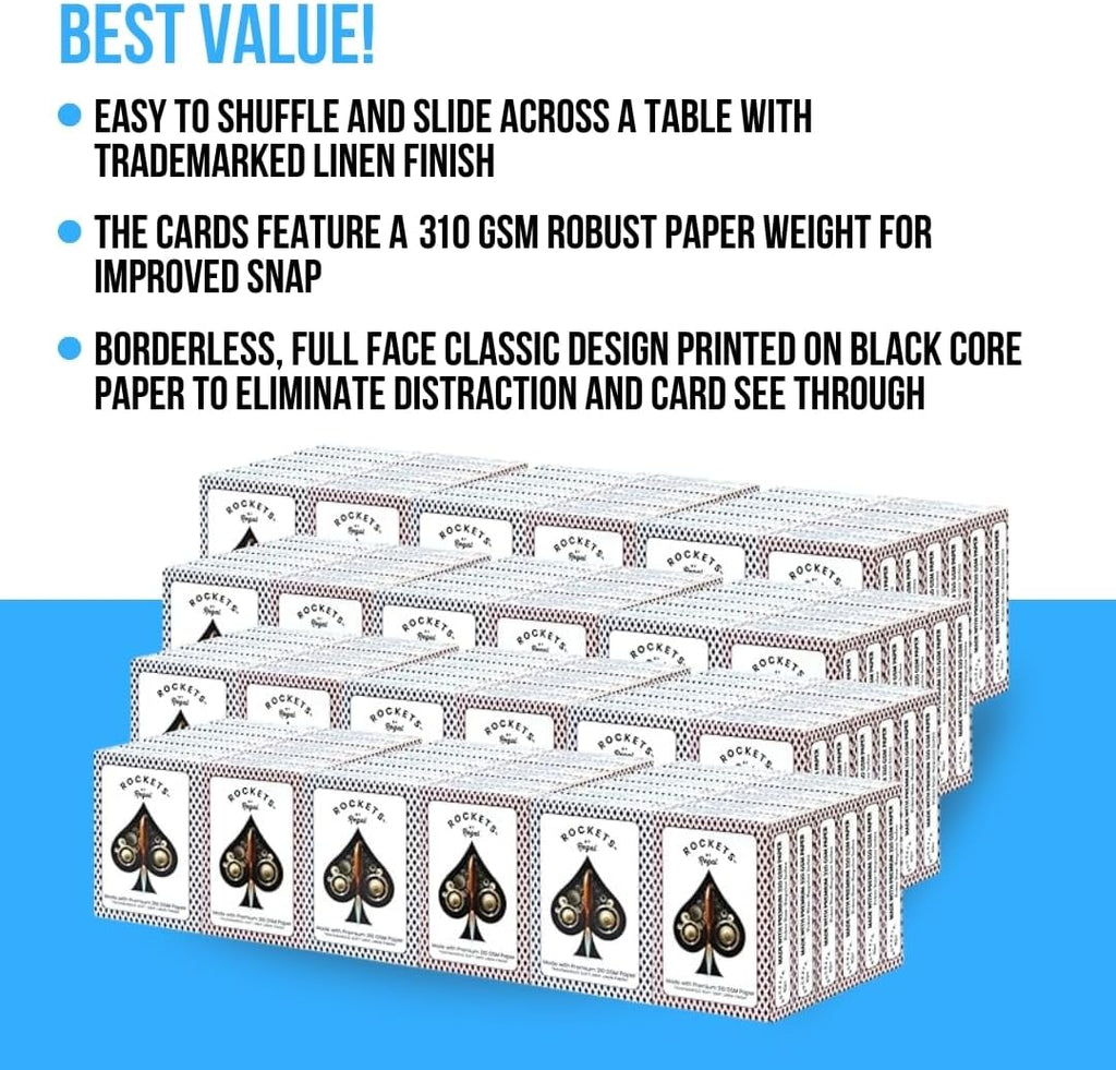 Regal Games [144 Decks] Rockets Bulk Playing Cards Set for Adults & Professionals - 310 GSM Linen Finish - Poker Cards for Blackjack, Euchre, Canasta - Casino Grade, Travel & Game Night Cards