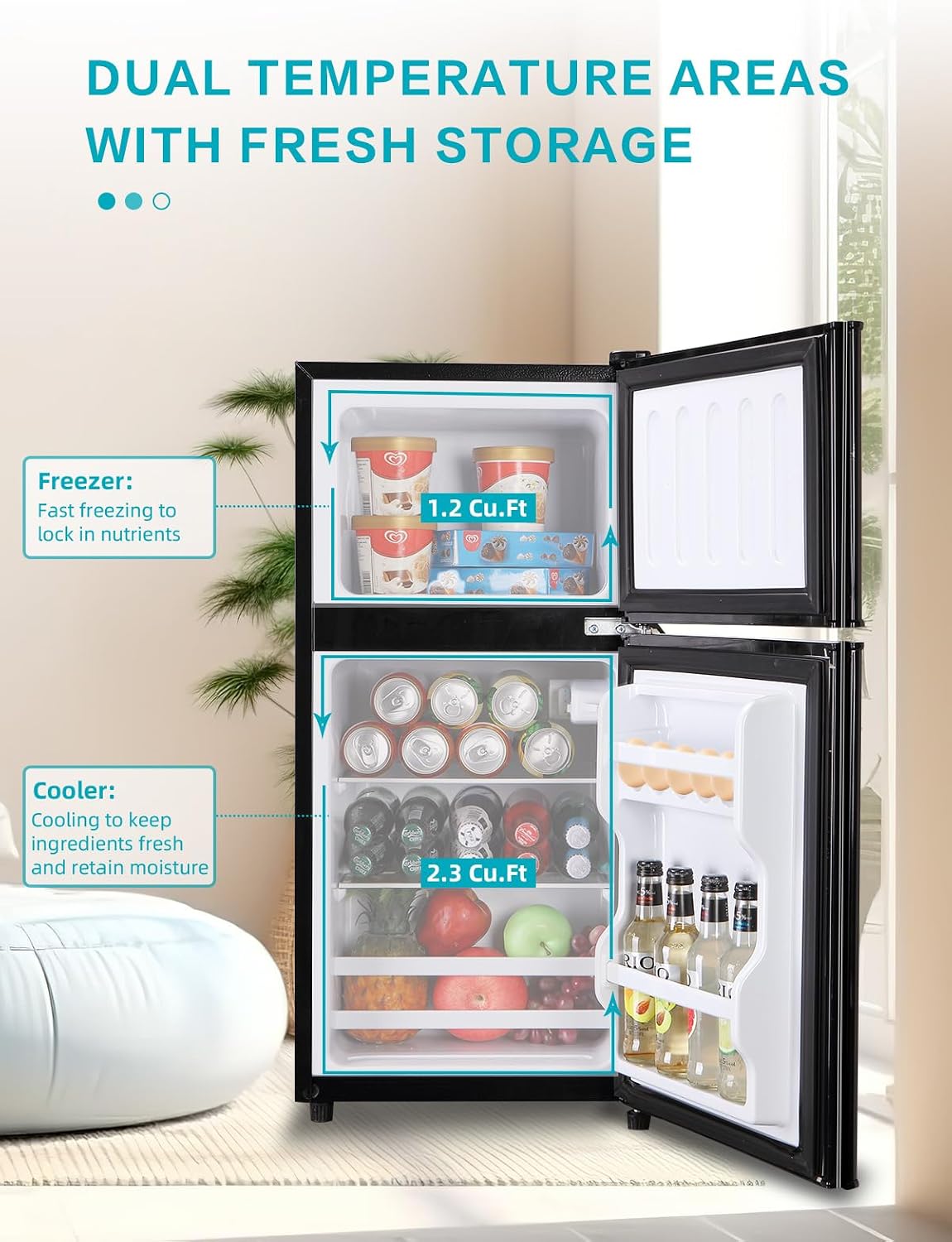 KRIB BLING 3.5 Cu.Ft Refrigerator with Freezer, 2 Doors Fridge with Adjustable Thermostat Control, Refrigerator for Kitchen, Dorm, Apartment, Garage, Office, Black