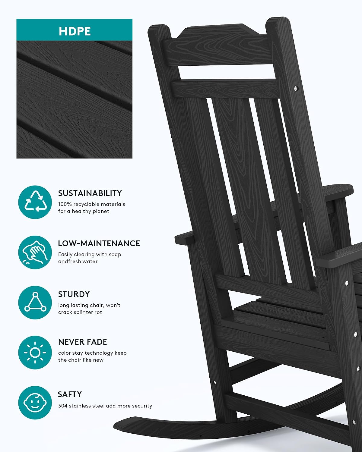 SERWALL Oversized Rocking Chair, HDPE Outdoor Rocking Chairs Set of 4, Patio Rocking Chair Sets for Adults, Black
