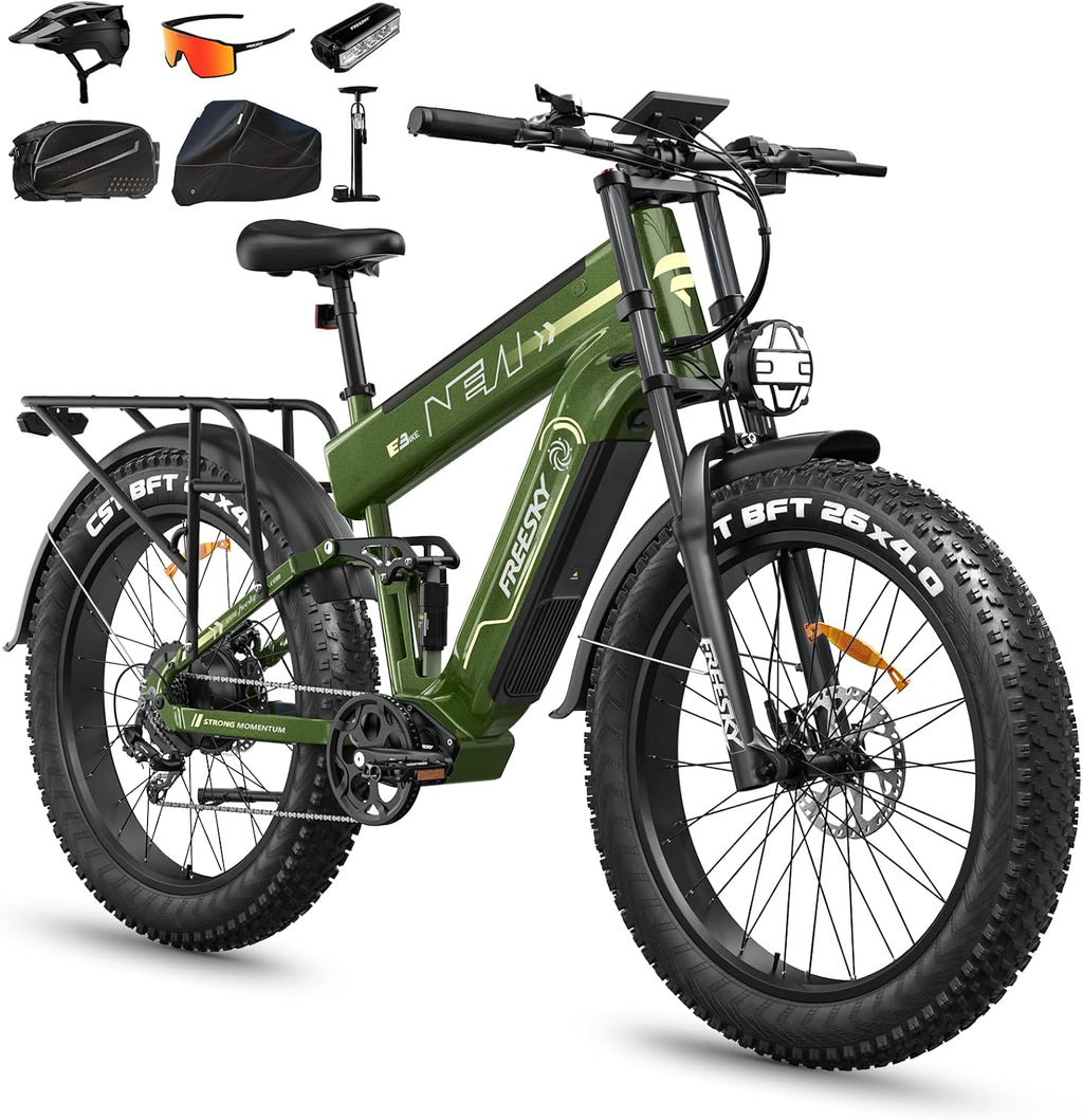FREESKY Dual Battery Electric Bike for Adults, 48V 45AH 200 Miles Long Range E Bike, 4000W Motor 40MPH+, 26' Fat Tire Fast Mountain EBike, Full Suspension & Hydraulic Brakes, UL 2849 Certified by TÜV