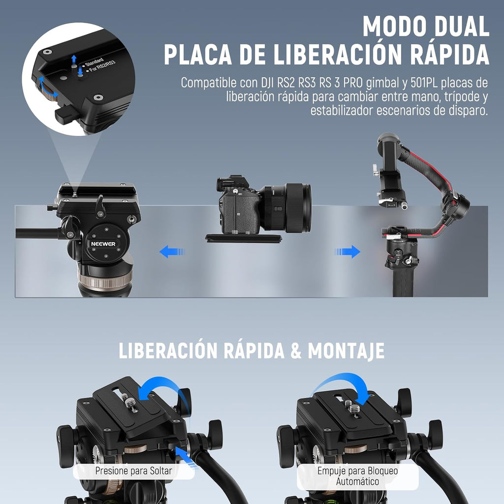 NEEWER Video Tripod Fluid Head w/ 6 Level Dynamic Counterbalance, 4 Level Pan/Tilt Damping, Handle, φ75mm Base, Metal Heavy Duty QR Plate Compatible with DJI RS Gimbals, Max Load 18lb, TH45