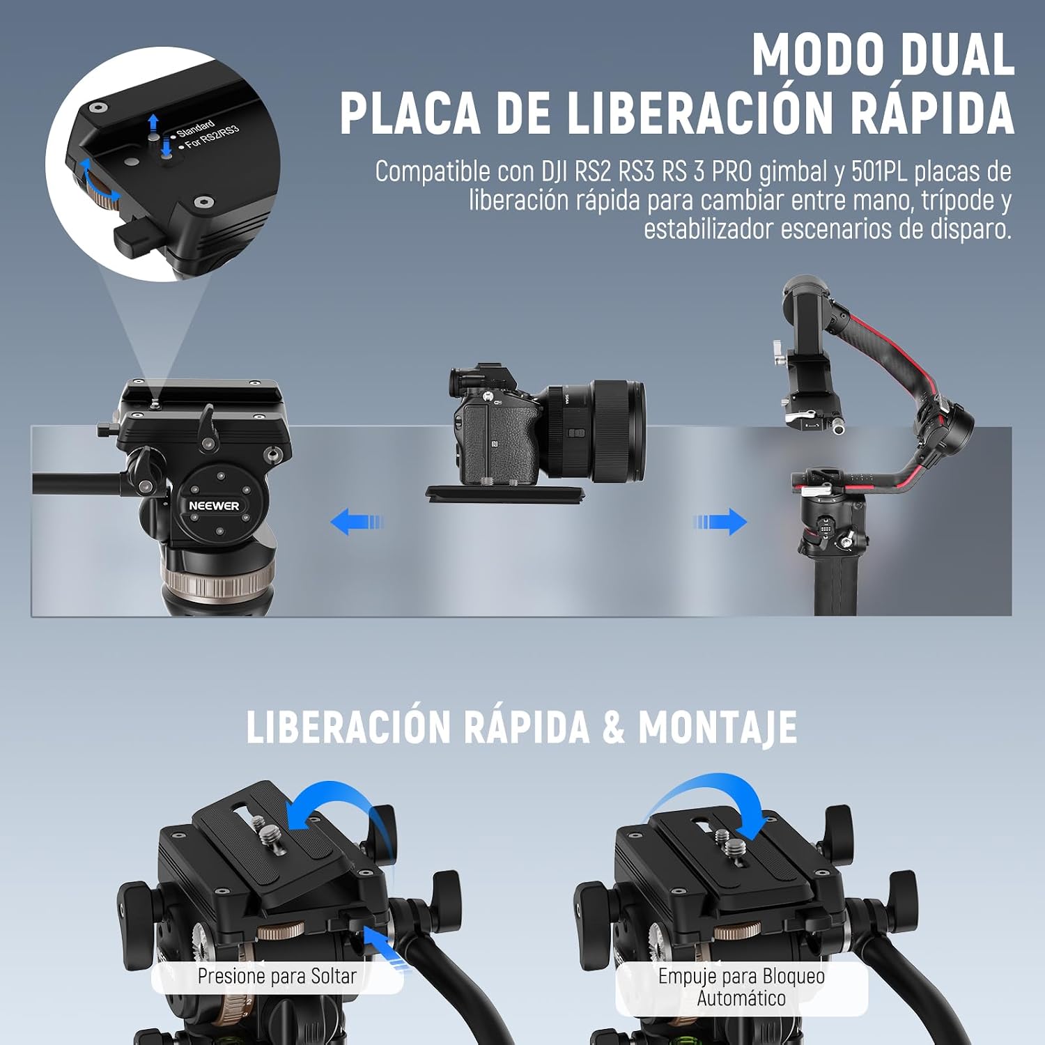NEEWER Video Tripod Fluid Head w/ 6 Level Dynamic Counterbalance, 4 Level Pan/Tilt Damping, Handle, φ75mm Base, Metal Heavy Duty QR Plate Compatible with DJI RS Gimbals, Max Load 18lb, TH45