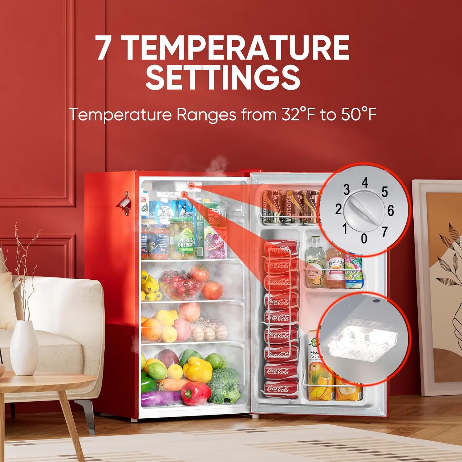 Upstreman 3.2 Cu.Ft Retro Mini Fridge with Bottle Opener, Energy Saving, Adjustable Thermostat, Metal Handle, LED Lamp, Mini Refrigerator for Bedroom, Office, Dorm-BR321 PRO (Red)