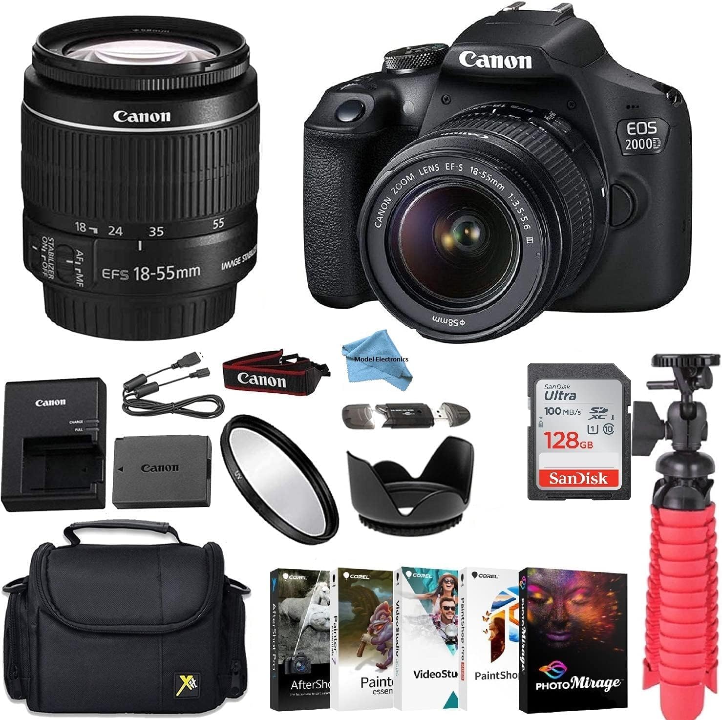 EOS Rebel 2000d DSLR Camera Bundle with EF-S 18-55mm f/3.5-5.6 is II Lens + Gadget Case + Sandisk 128gb Ultra Memory Card + Photo Software Suite + Accessory Kit + Model Electronics Cloth. (Renewed)