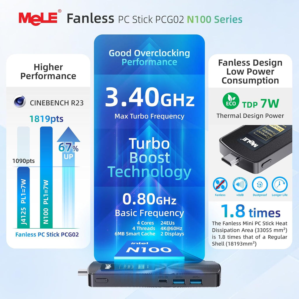 MeLE PCG02 Mini PC Stick Computer Windows 11 Home N100 (up to 3.4GHz) 4GB LPDDR5 128GB, HDMI + USB-C 4K Dual Display, 2.4GHz/5GHz Wi-Fi BT5.1 GbE, Fanless Small Desktop for IoT, Digital Signage, MES