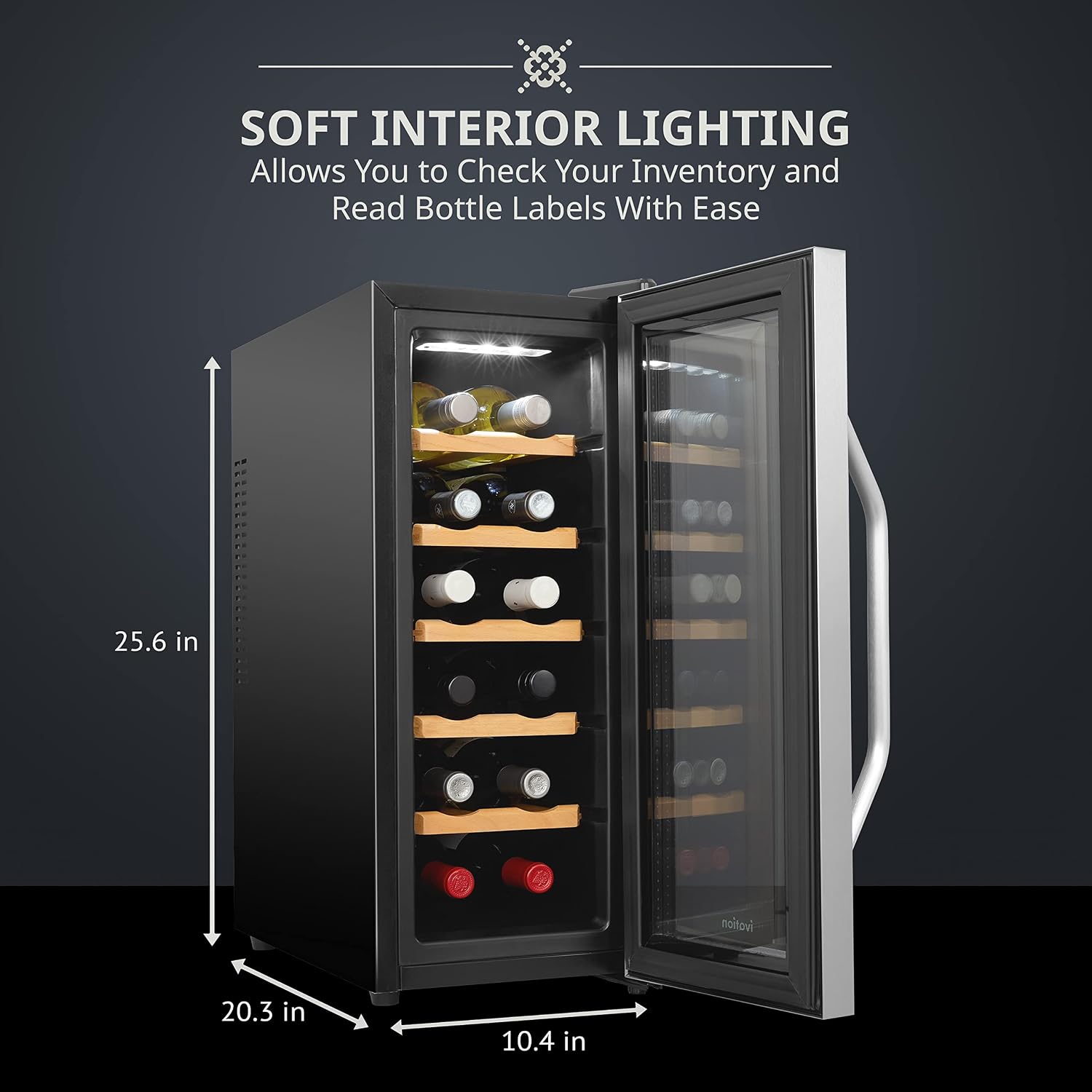 Ivation 12 Bottle Thermoelectric Wine Cooler/Chiller - Stainless Steel - Counter Top Red & White Wine Cellar w/Digital Temperature, Freestanding Refrigerator Smoked Glass Door Quiet Operation Fridge
