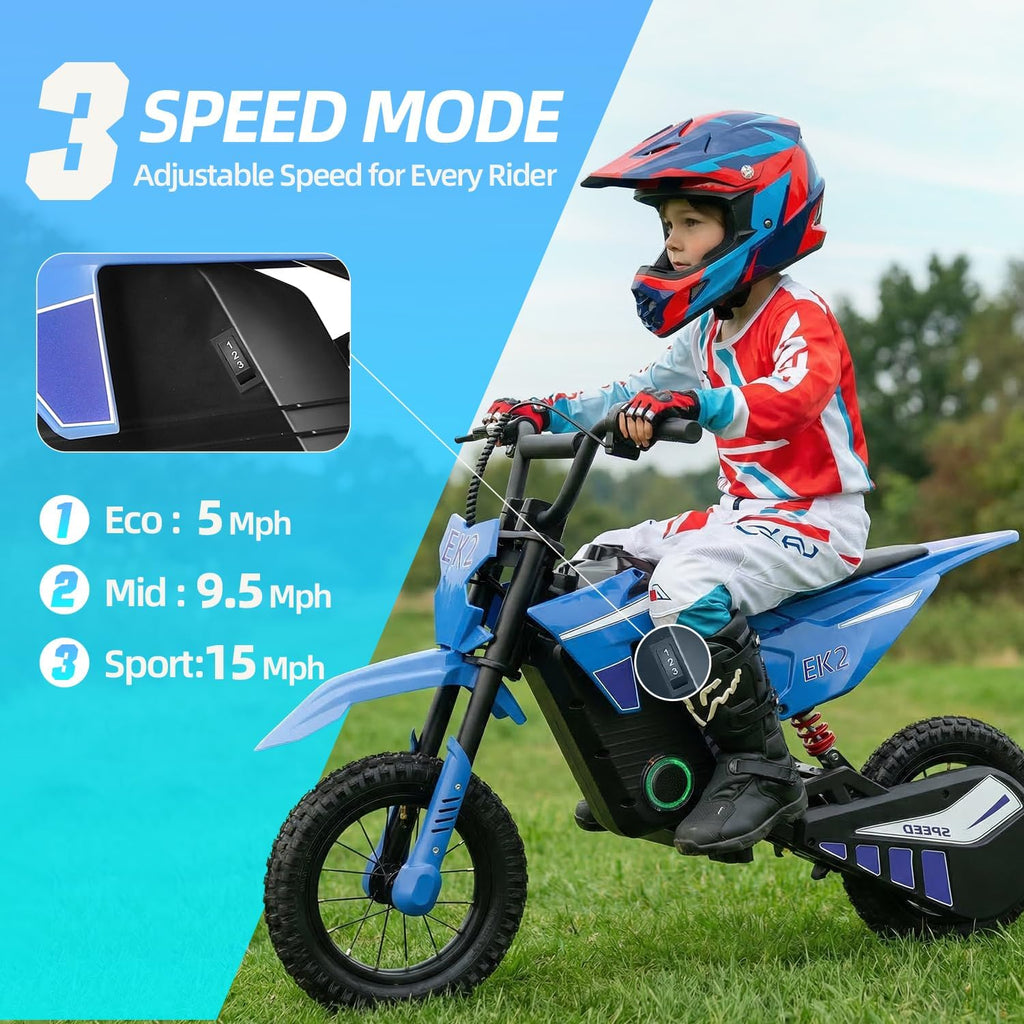 BLAZEGO EK2 Kids Electric Dirt Bike,350W Electric Motorcycle for Kids Ages 5-10,36V 5.2Ah Battery,15 MPH Max Speed,12 Miles Range,3-Speed Modes Motorcycle for Kids,Blue