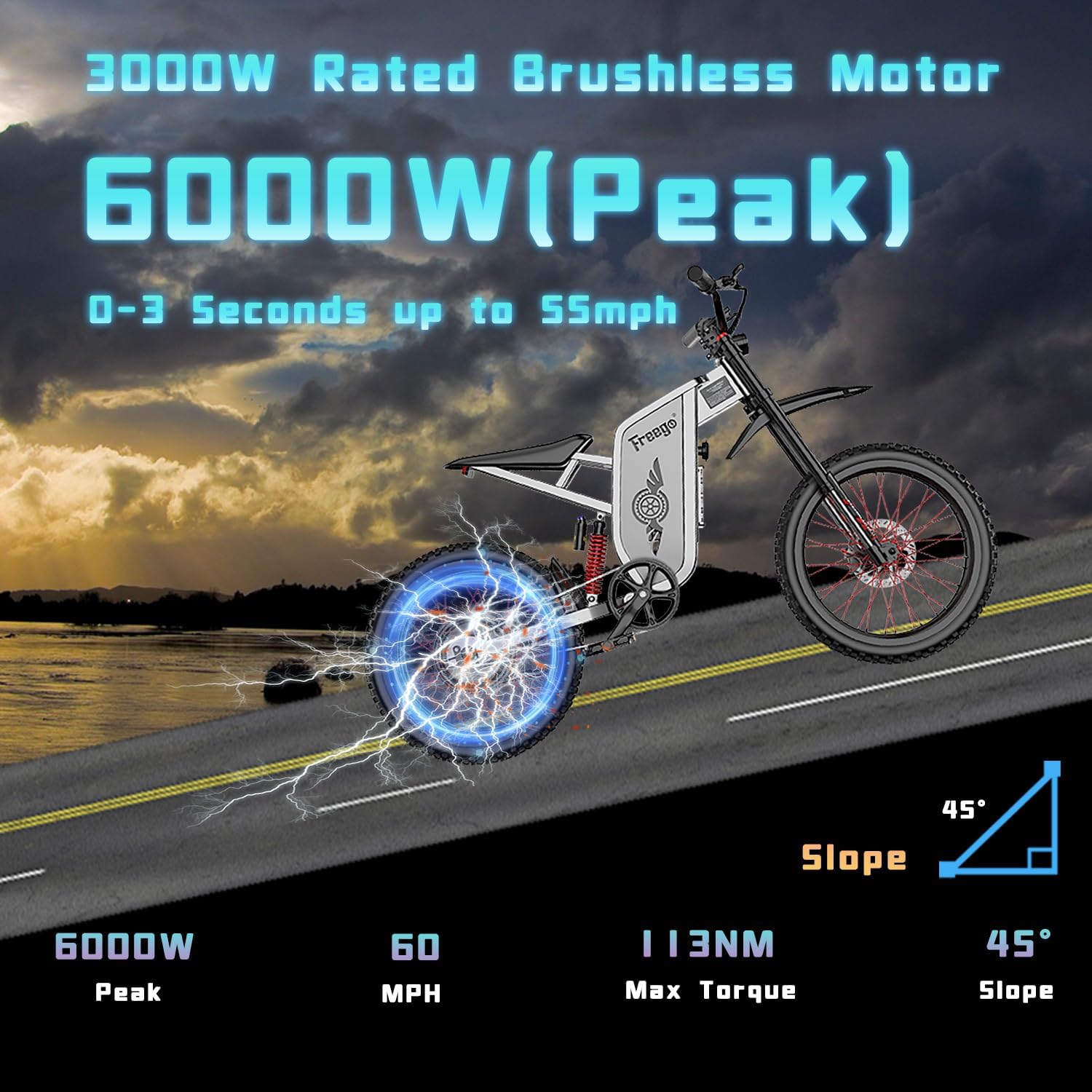 Freego X2Pro Electric Motorcycle for Adults Teens,Electric Dirt Bike Teens 6000W(Peak) Motor 1800Wh Battery,Max 50Mph Off Road Electric Bicycle,Full Suspension UL 2849 Certified
