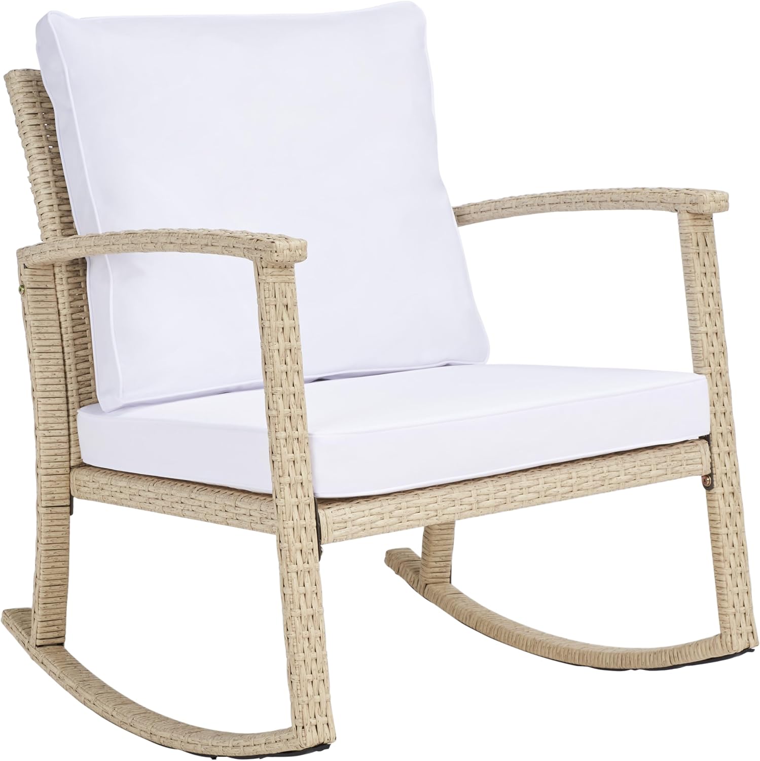 SAFAVIEH Outdoor - Daire Rocking Chair - Beige & White - Steel Frame & Faux Rattan with Cushion - Open-Frame Design - Ideal for Patio, Deck, Porch, Backyard, 14.4' Seat Height (PAT7721B)