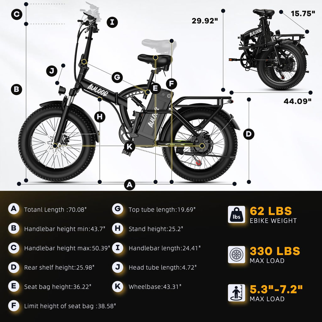 Foldable Electric Bike for Adults, 48V 20Ah Removable Lithium Battery up to 80Miles, 20' Fat Tire 1000W Peak Motor Dirt Ebike Adult Electric Bicycle for Commute Beach Mountain E Bike