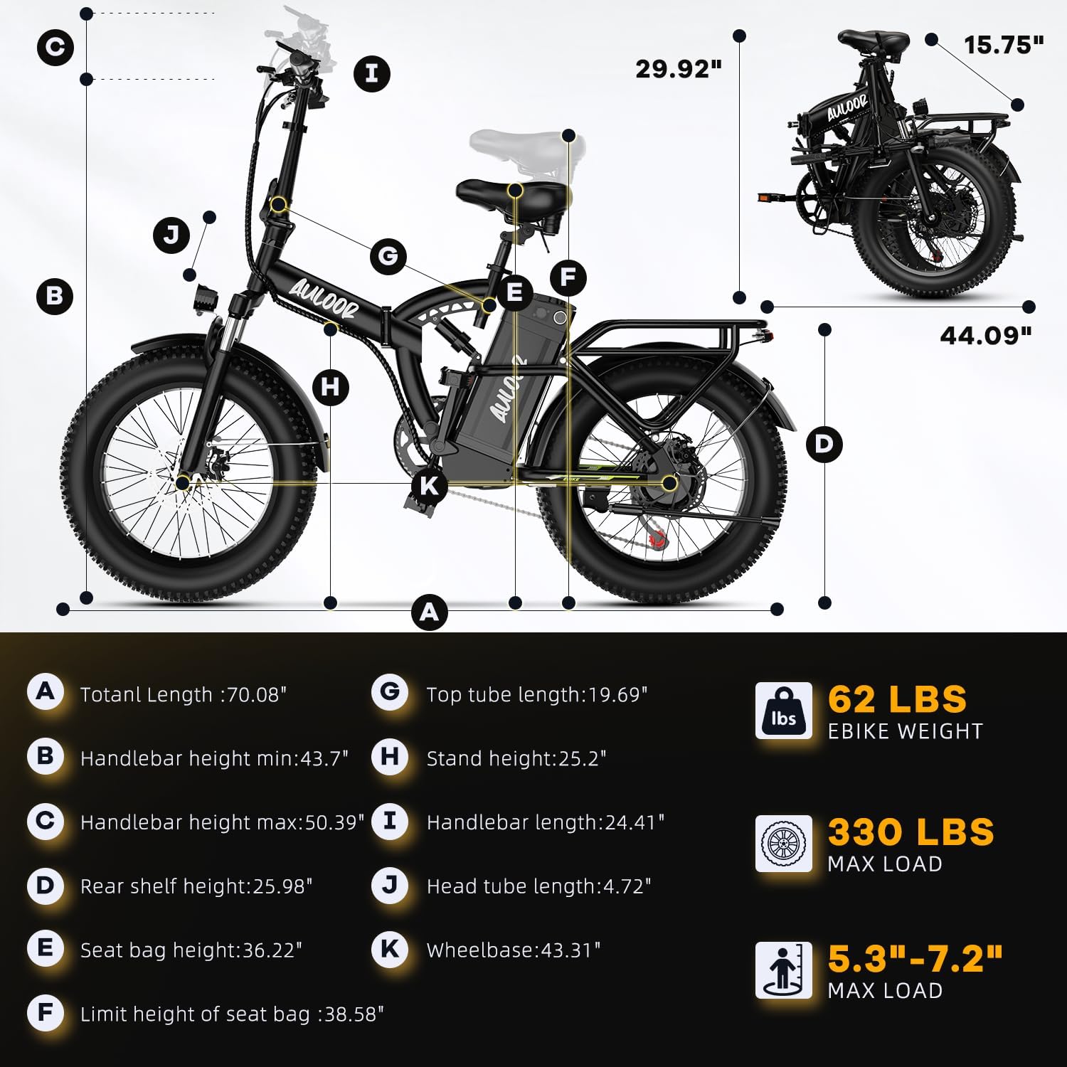 Foldable Electric Bike for Adults, 48V 20Ah Removable Lithium Battery up to 80Miles, 20' Fat Tire 1000W Peak Motor Dirt Ebike Adult Electric Bicycle for Commute Beach Mountain E Bike