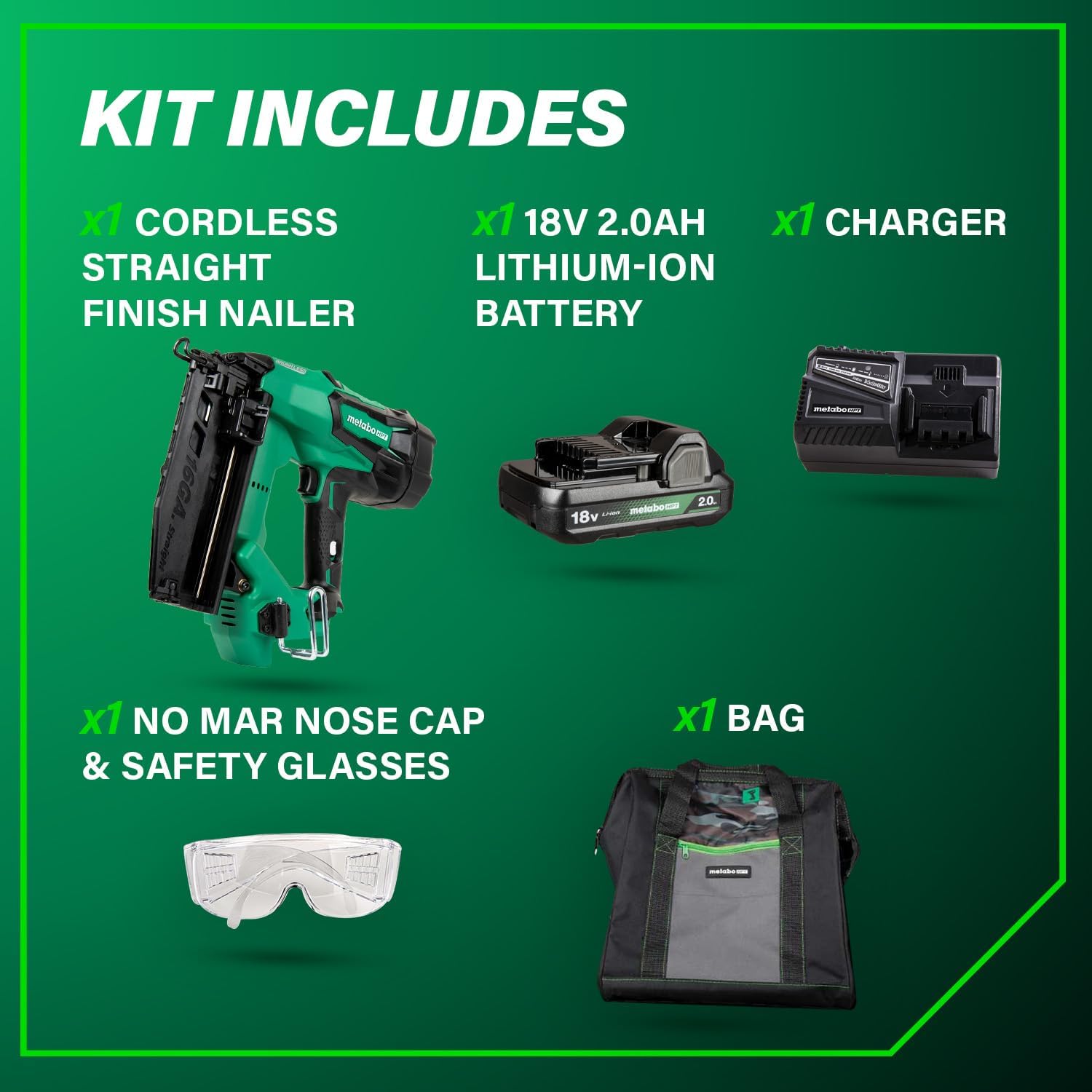 Metabo HPT 18V MultiVolt Brushless Cordless Finish Nailer Kit, 16 Gauge Straight Finish Nailer with Power Tool 2.0Ah Lithium Ion Battery, Drives 1' to 2-1/2' Nails, NT1865DMST
