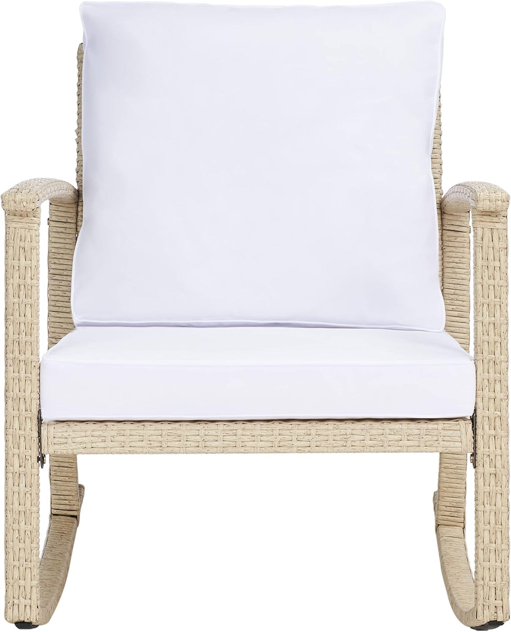 SAFAVIEH Outdoor - Daire Rocking Chair - Beige & White - Steel Frame & Faux Rattan with Cushion - Open-Frame Design - Ideal for Patio, Deck, Porch, Backyard, 14.4' Seat Height (PAT7721B)