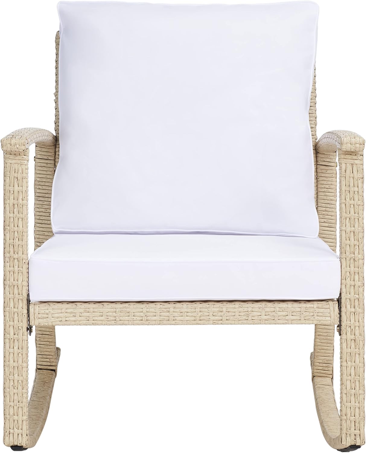 SAFAVIEH Outdoor - Daire Rocking Chair - Beige & White - Steel Frame & Faux Rattan with Cushion - Open-Frame Design - Ideal for Patio, Deck, Porch, Backyard, 14.4' Seat Height (PAT7721B)