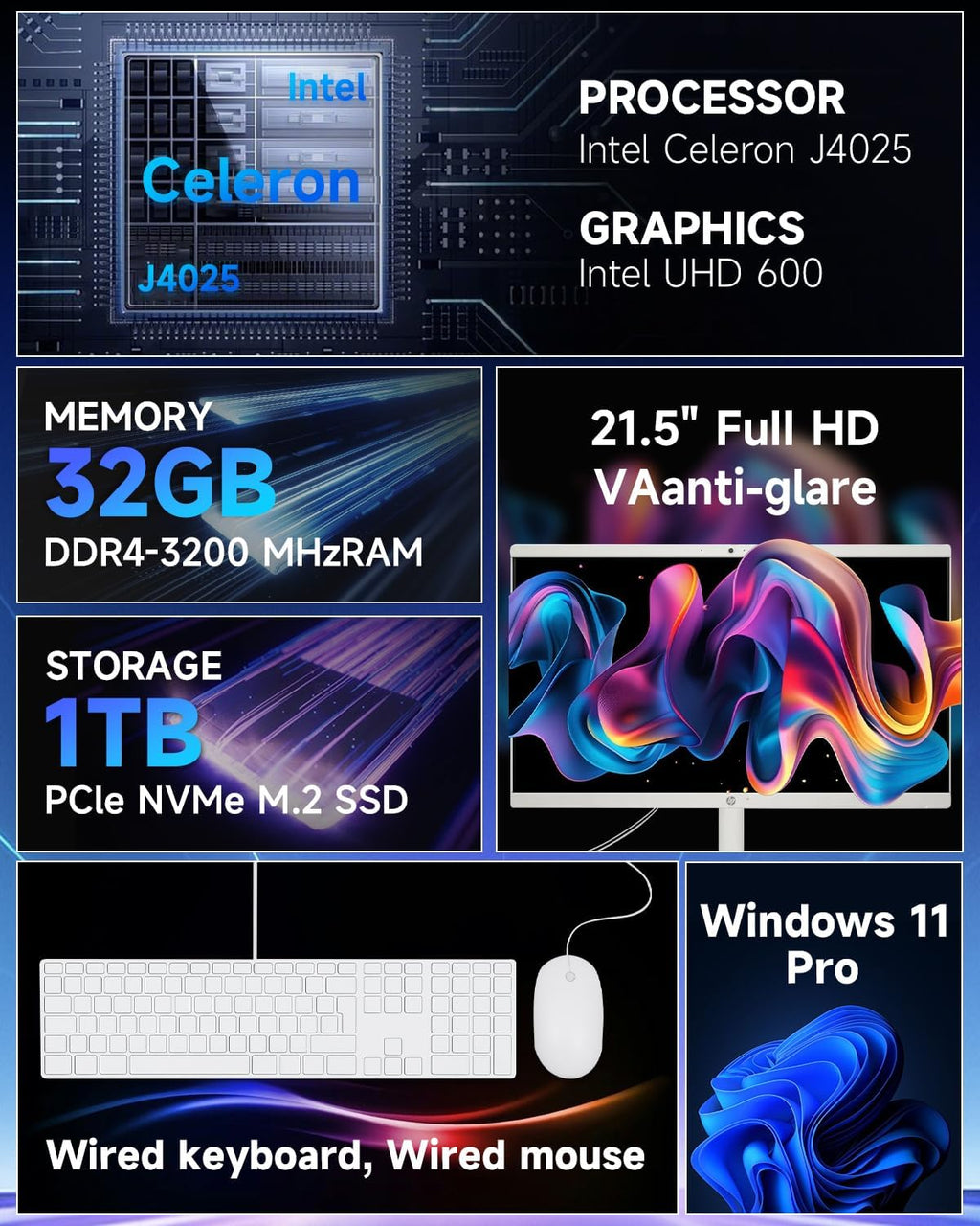HP 21.5' All-in-One Desktop Computer - FHD Anti-Glare Display, Intel Celeron J4025 Processor, Windows 11 Pro, Wi-Fi 6 (32GB RAM, 1TB SSD)