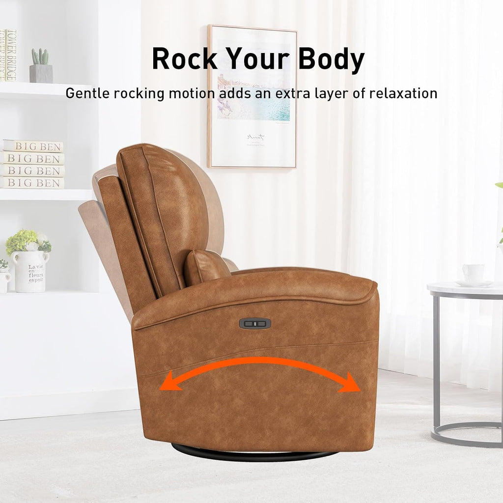 Bonzy Home Power Swivel Rocker Recliner Chair with USB Port, 23.2' Wide Seat, Fixed Lumbar Support, Upholstered Glider Chair for Nursery Living Room, Brown
