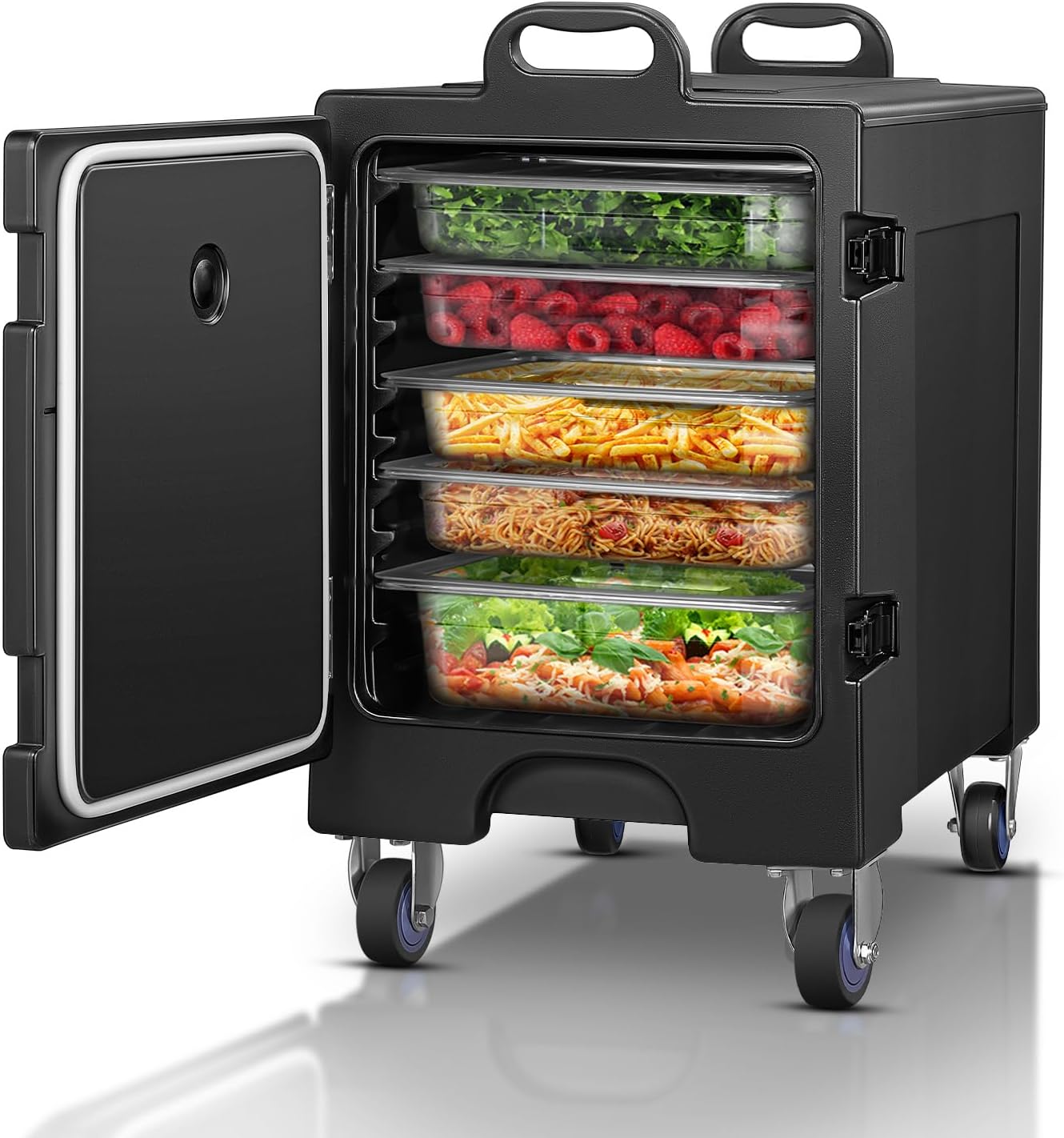 Hot Box for Catering, 82QT Portable Food Warmer w/Wheels, LLDPE Insulated Food Pan Carrier, Food Box Carrier w/Double Buckles, Handles, Stackable Food Warmer Box for Parties Buffet, Restaurant