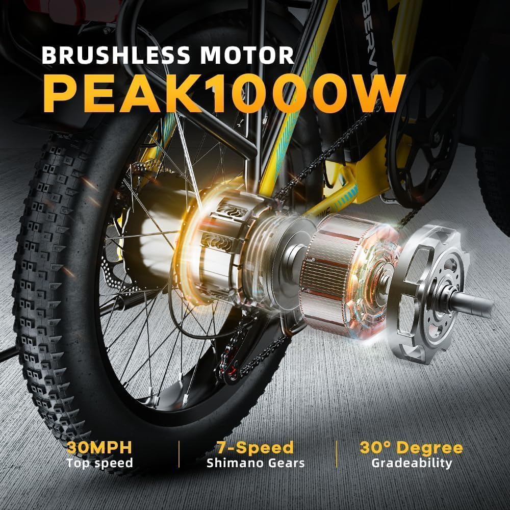 YorkE 1000W Folding Electric Bike, 48V 20AH Large Removable Battery E Bike, 30+MPH, 80 Miles Max Range, 20' Fat Tire Electric Bike for Adults, Adult Electric Bicycles for Commute, 7-Speed