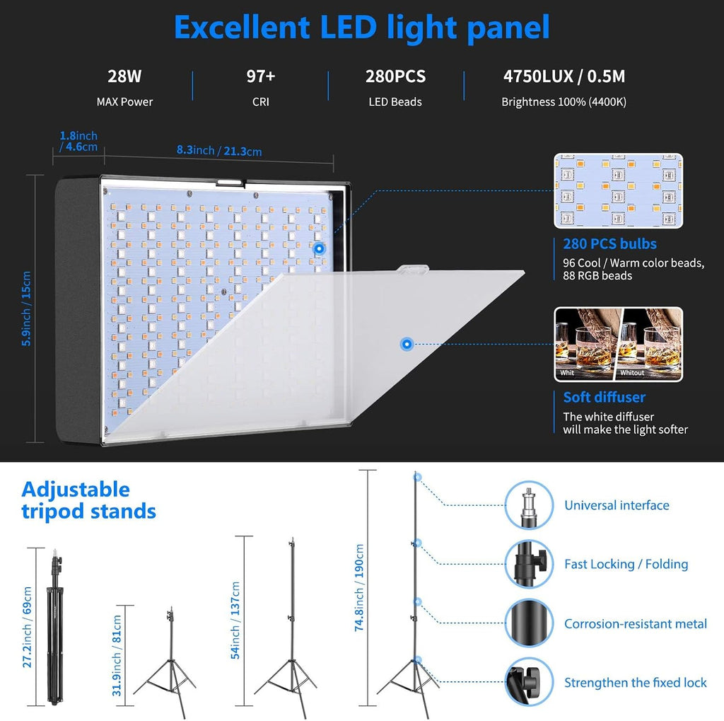 NEEWER 2 Pack RGB Video Light with Tripod Stands NP-F550 Batteries, Studio LED Panel Key Lighting Kit for Game Streaming YouTube Recording Photography Photoshoot Podcast, APP Control/CRI97+, RGB-P280