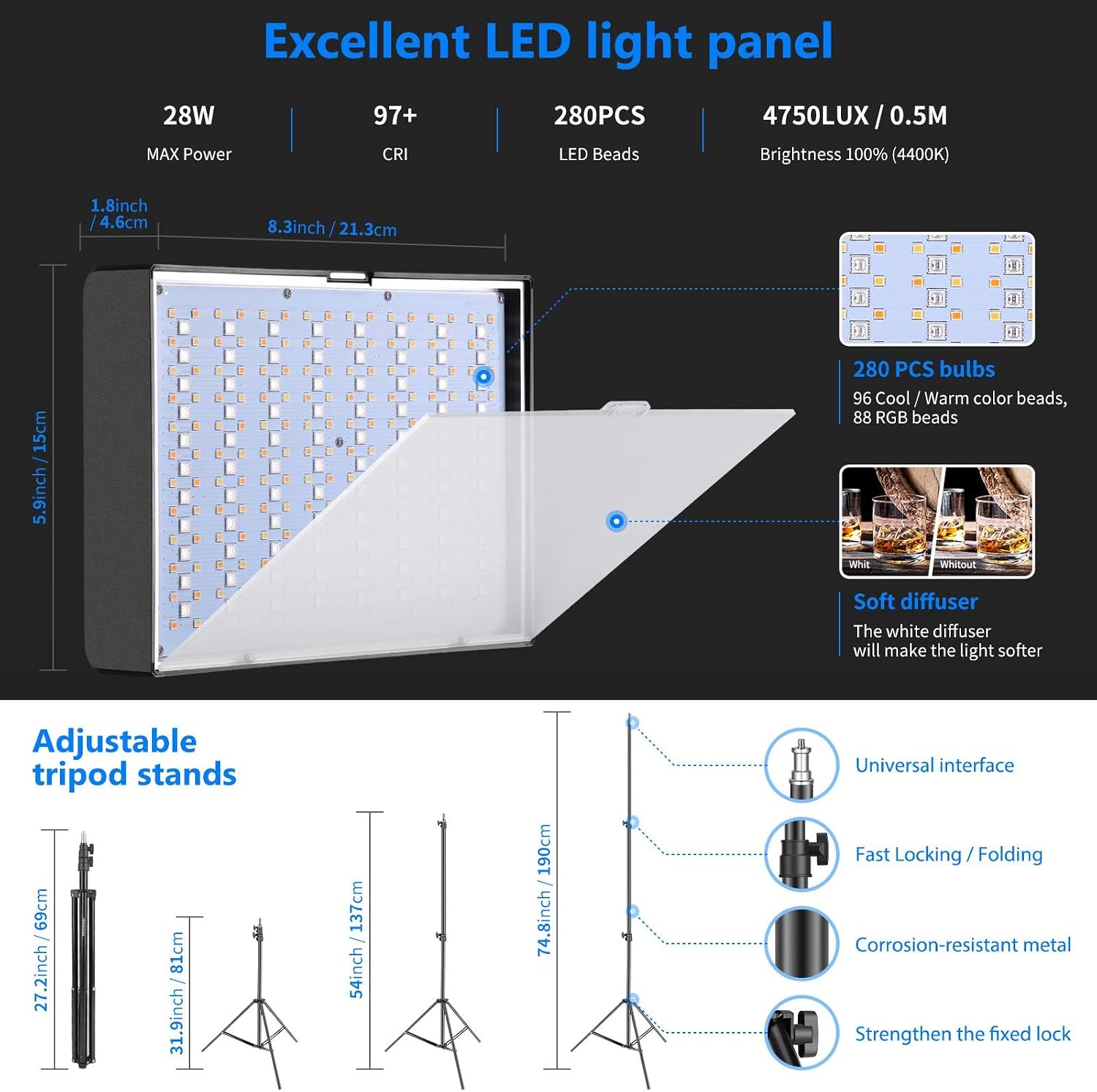 NEEWER 2 Pack RGB Video Light with Tripod Stands NP-F550 Batteries, Studio LED Panel Key Lighting Kit for Game Streaming YouTube Recording Photography Photoshoot Podcast, APP Control/CRI97+, RGB-P280