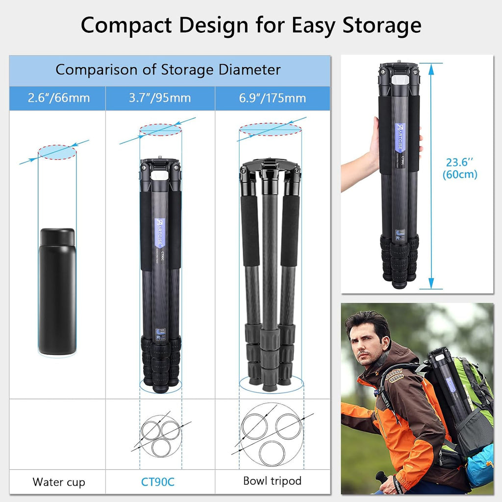 ARTCISE Heavy Duty 40mm Max Leg Tube Carbon Tripod Compact Carbon Fiber Travel Tripod 63.6in/162cm Height Stable Lightweight Stand for DSLR Video Camera Max Load 40kg