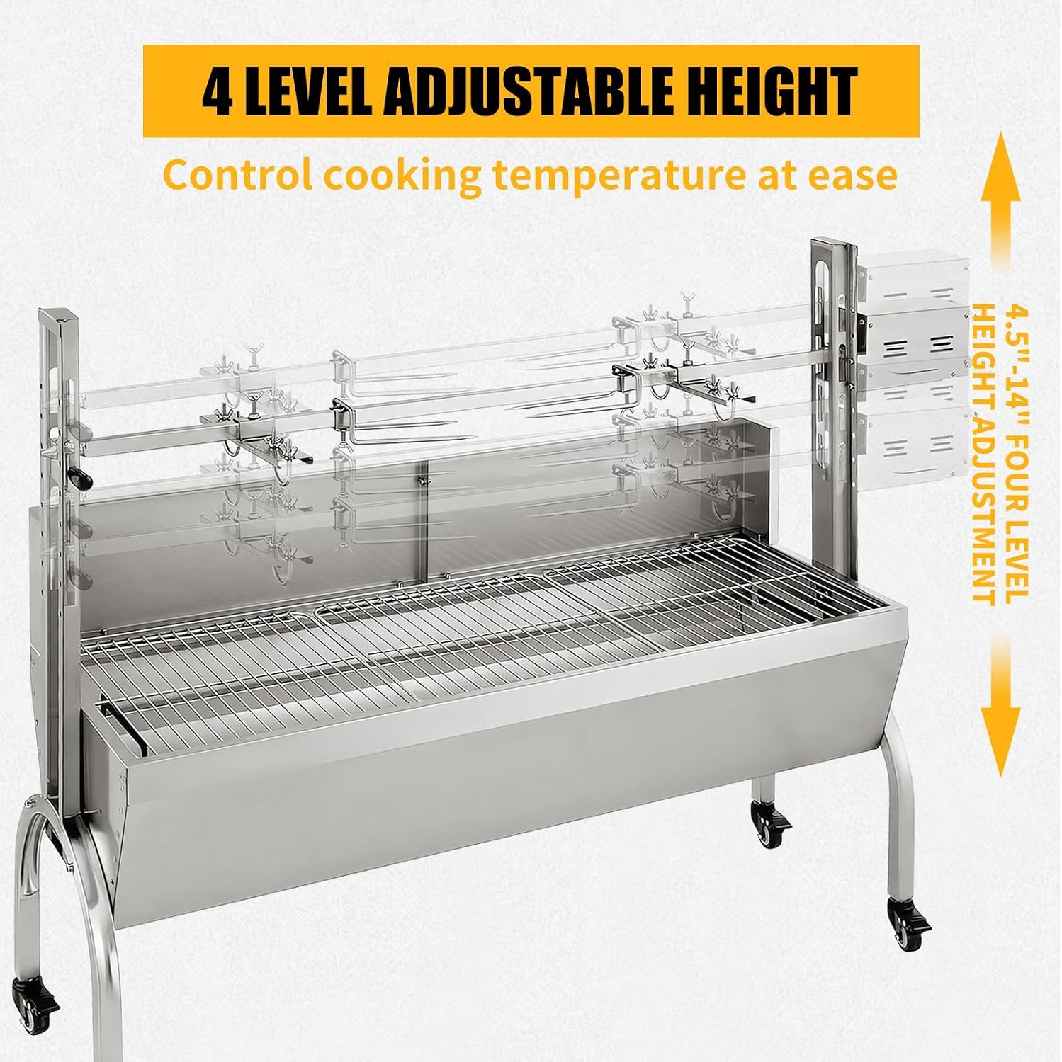 Rotisserie Grill with Back Cover Guard, 25W Motor 48 Inch Stainless Steel Small Pig Lamb Rotisserie Roaster, BBQ Charcoal Rotisserie Grill for Camping Party, Outdoor Kitchen (176 LBS)