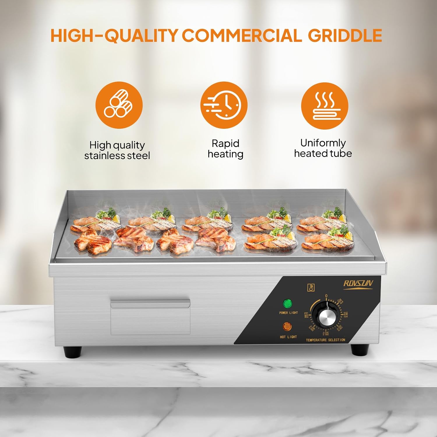 ROVSUN 22' Electric Countertop Flat Top Griddle, 1600W Electric Griddle, Teppanyaki Grill Stainless Steel with Adjustable Temperature Control 122°F-572°F for Home Restaurant Commercial