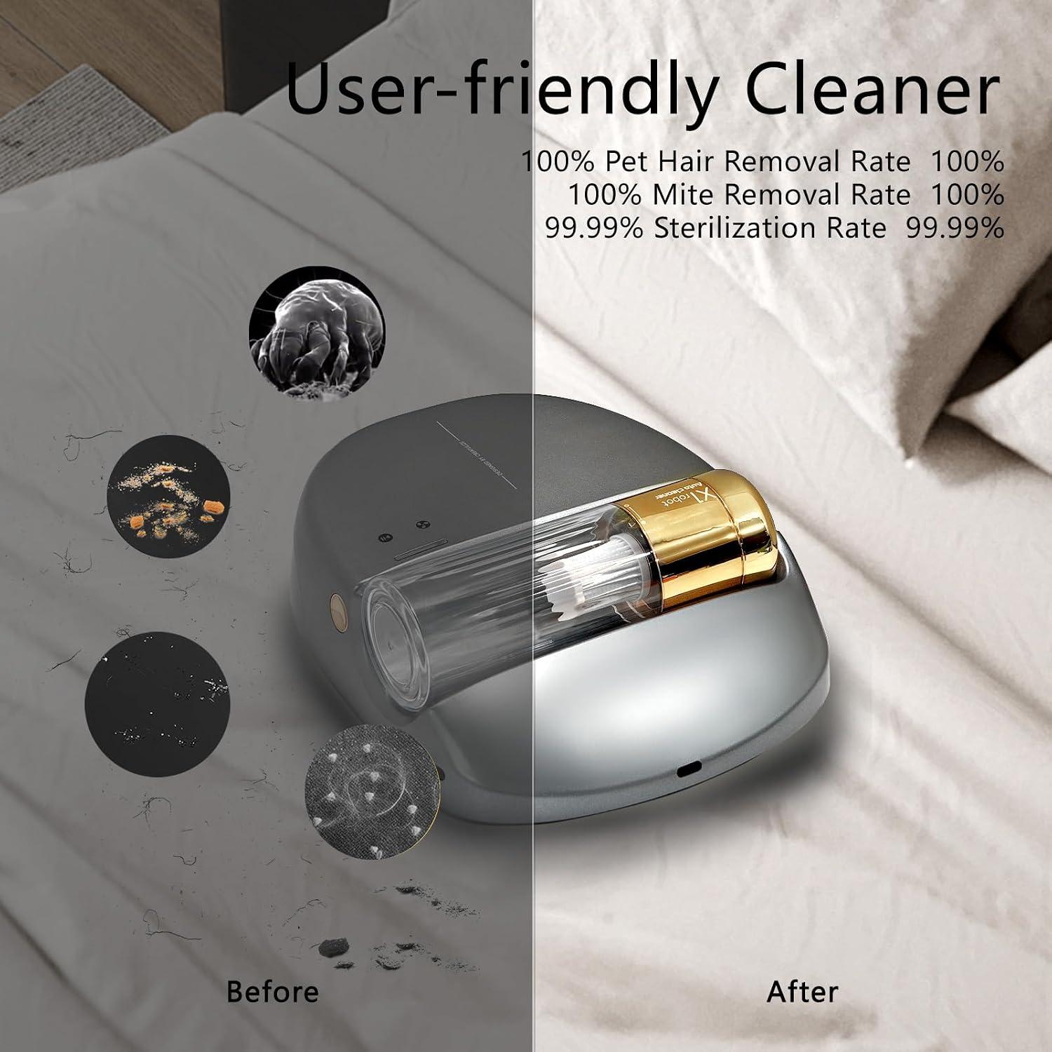 Cordless Rechargeable X1 Bed Vacuum Robot 1-Click Deep Cleaning,Mattress Vacuum Cleaner 14AW Strong Suction 270nm Deep Ultraviolet Lamp,Specially Designed for Mattresses,Auto for Pet Hair and Dust
