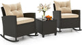 Tangkula 3 Piece Wicker Rocking Set, Patio Rattan Roker Chairs with Tempered Glass Table & Soft Cushions, Outdoor Furniture Set for Backyard, Poolside Porch (Beige)