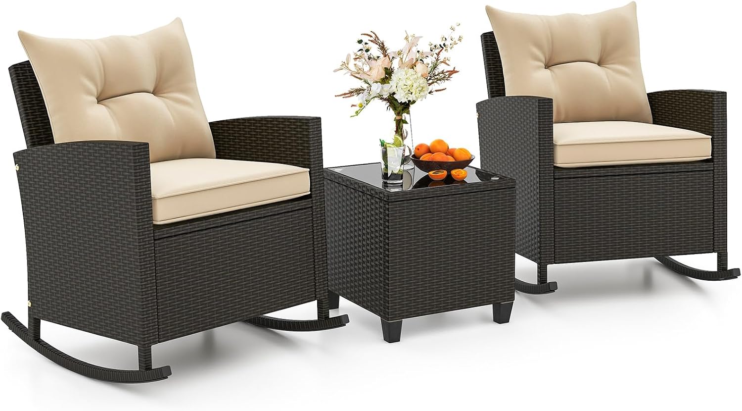 Tangkula 3 Piece Wicker Rocking Set, Patio Rattan Roker Chairs with Tempered Glass Table & Soft Cushions, Outdoor Furniture Set for Backyard, Poolside Porch (Beige)