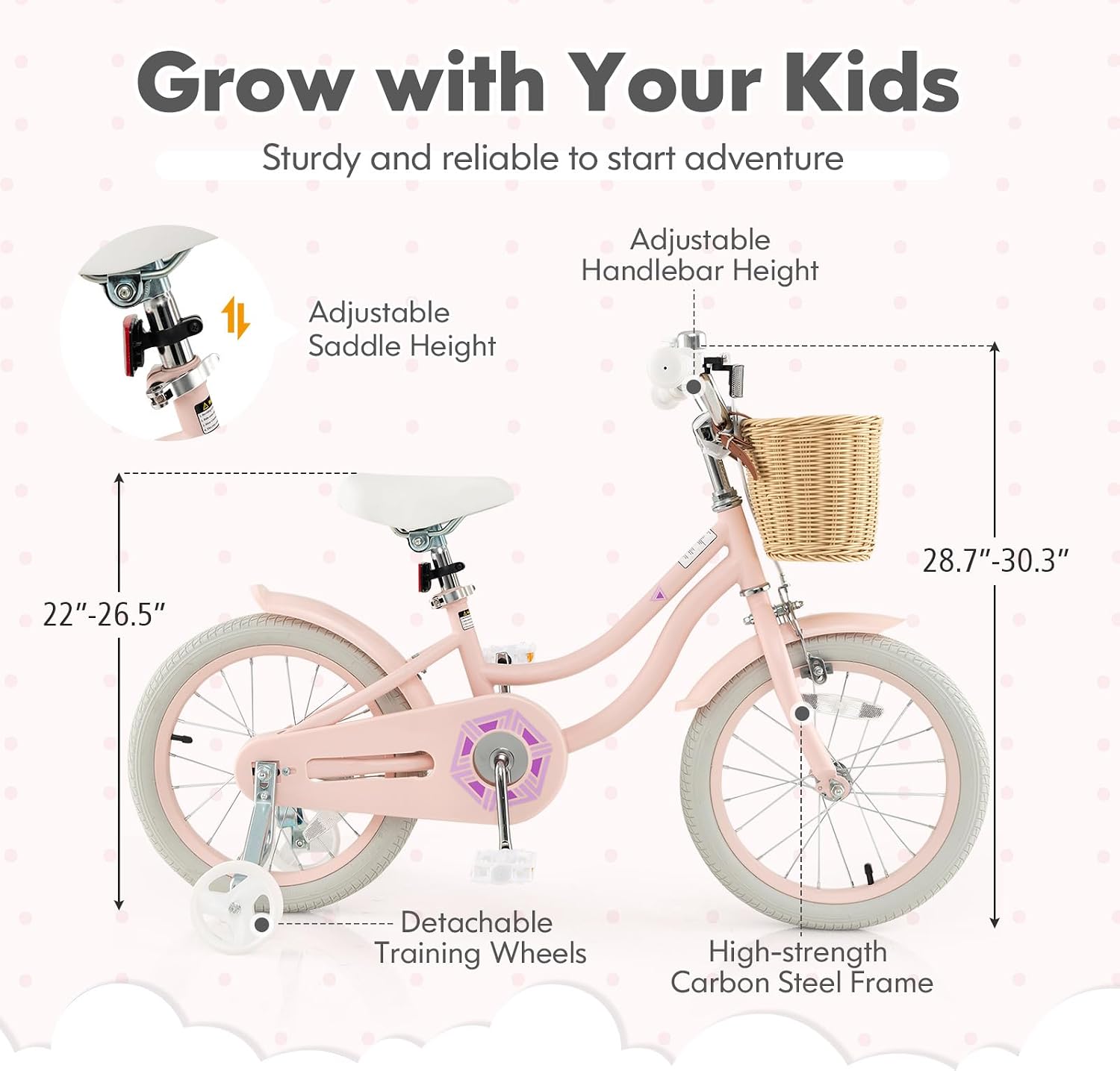 COSTWAY Kids Bike, 14 16 18 Inch Toddler Bike with Training Wheels, Basket, Adjustable Seat & Handlebar, Hand & Coaster Brakes, Bell, for Girl Boy Aged 3-8 Years Old