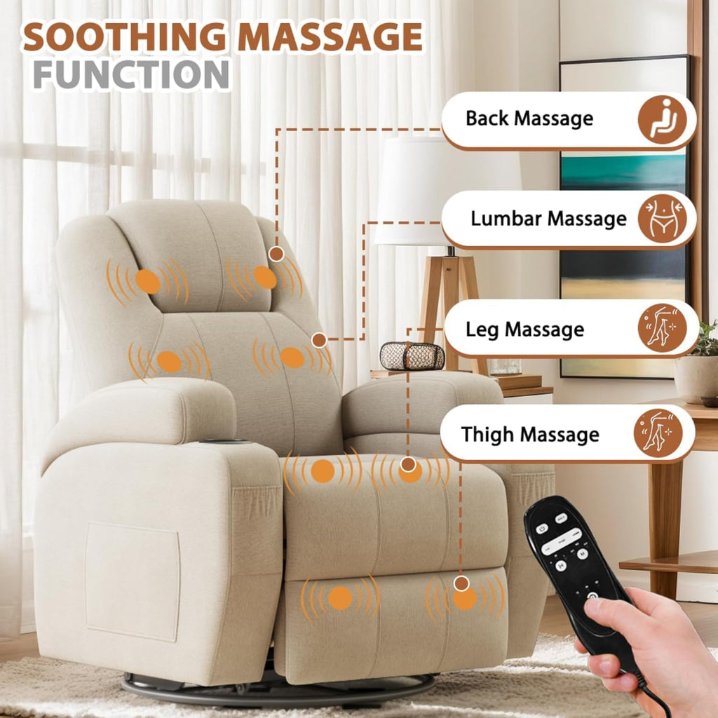 Flamaker Swivel Rocker Recliner Chair with Vibration Massage, 360° Swivel Recliner Chairs for Adults Ergonomic Lounge Chair with Cup Holders Lazy Boy Recliner Single Sofa Seat (Fabric, Khaki)