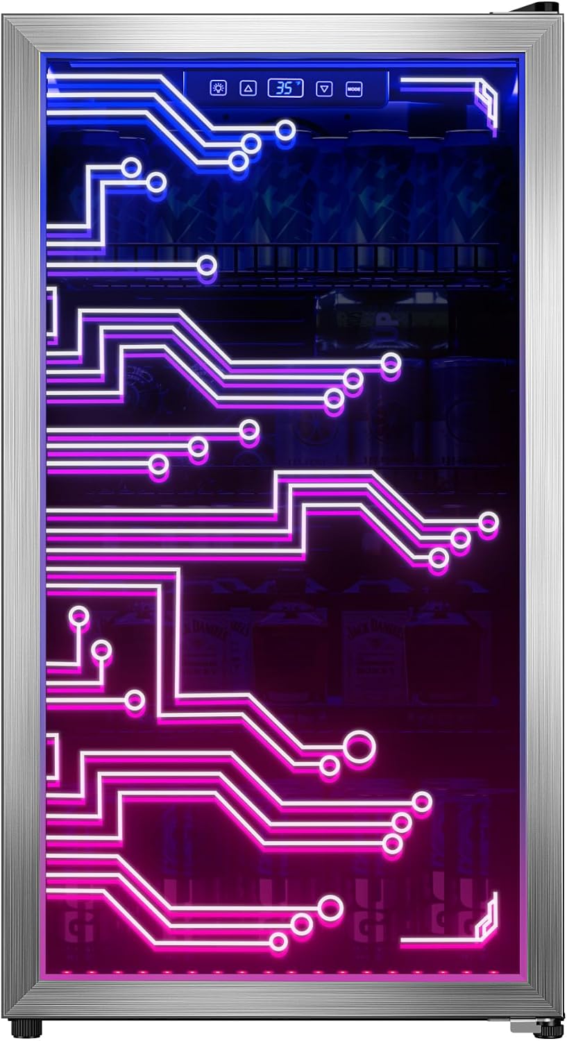 Manastin Gaming Light Up Beverage Refrigertor, Led Lighting Door 120 Cans Freestanding Beverage Fridge, Cyberpunk Beverage Cooler for Gaming, Gaming Room, Bar, Party (Lighting)