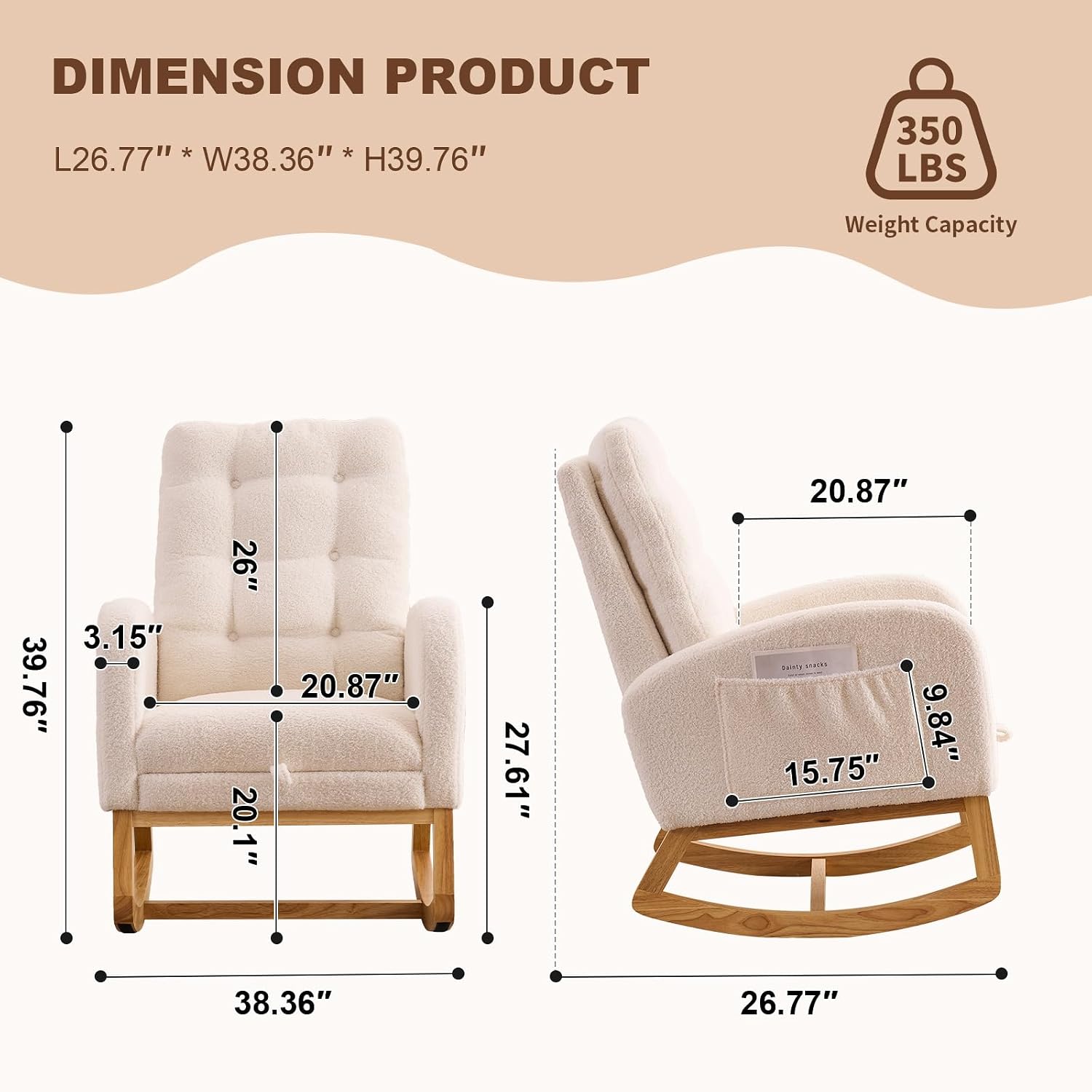 Nursery Rocking Chair,Rubber Wood Base Glider Rocking Chair with Adjustable Footrest and Side Pocket,Teddy Fleece Glider Rocker for Living Room, Bedroom (Teddy Fleece, Beige White)