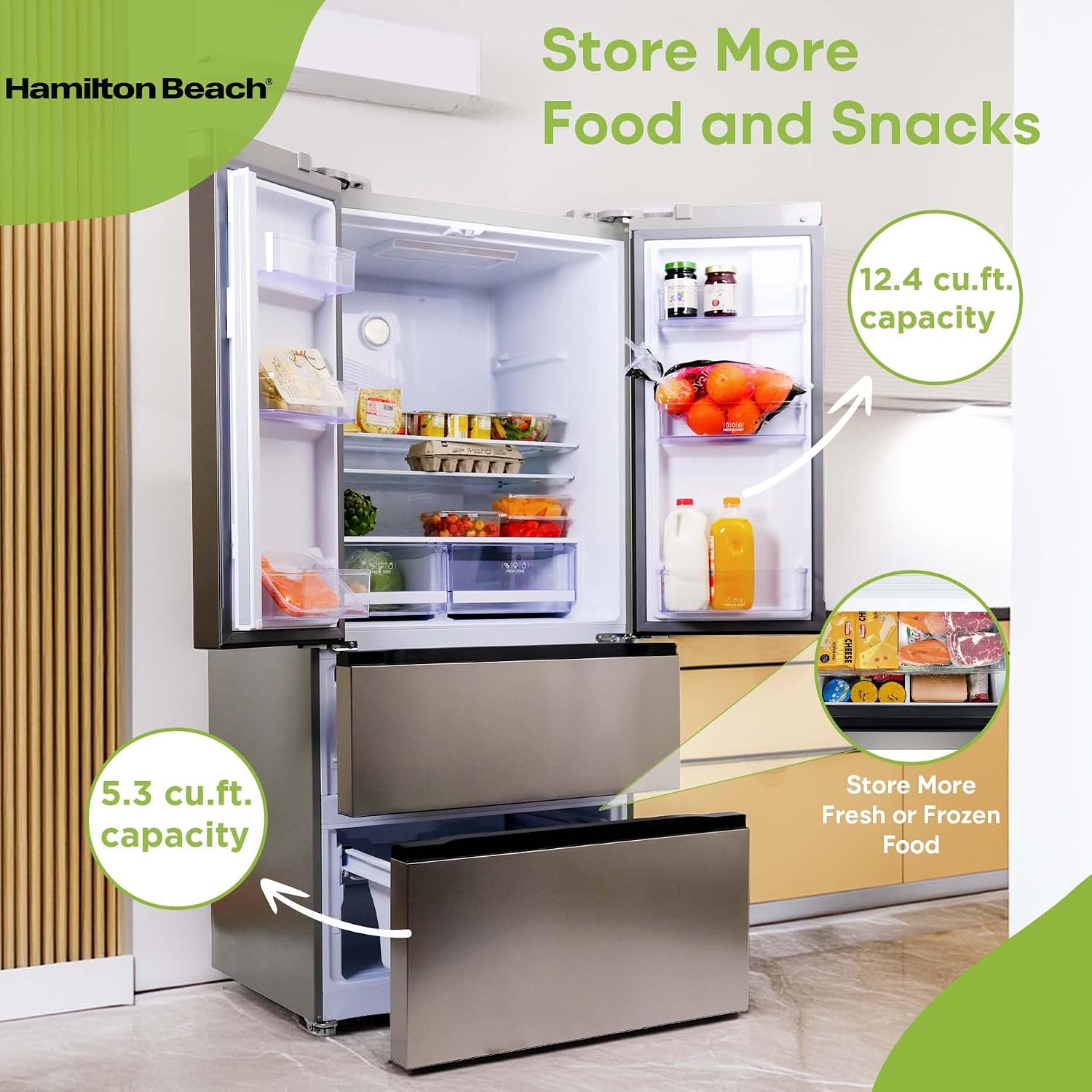Hamilton Beach HBFR1504 Full Size Counter Depth Refrigerator with Two Freezer Drawers, 17.9 cu ft, Stainless